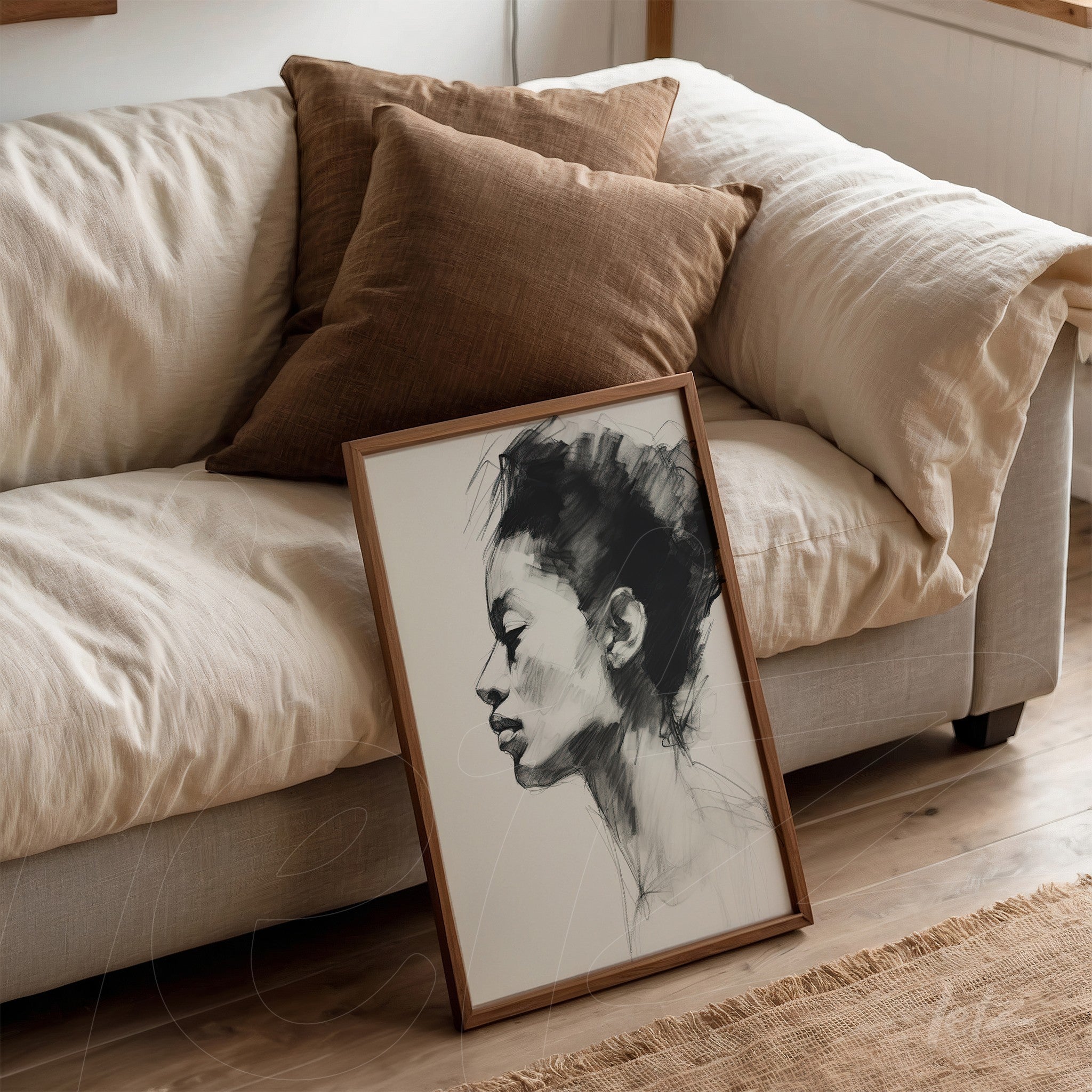 framed wall art featuring a feminine profile illustration in pencil strokes leaning against a sofa with cushions