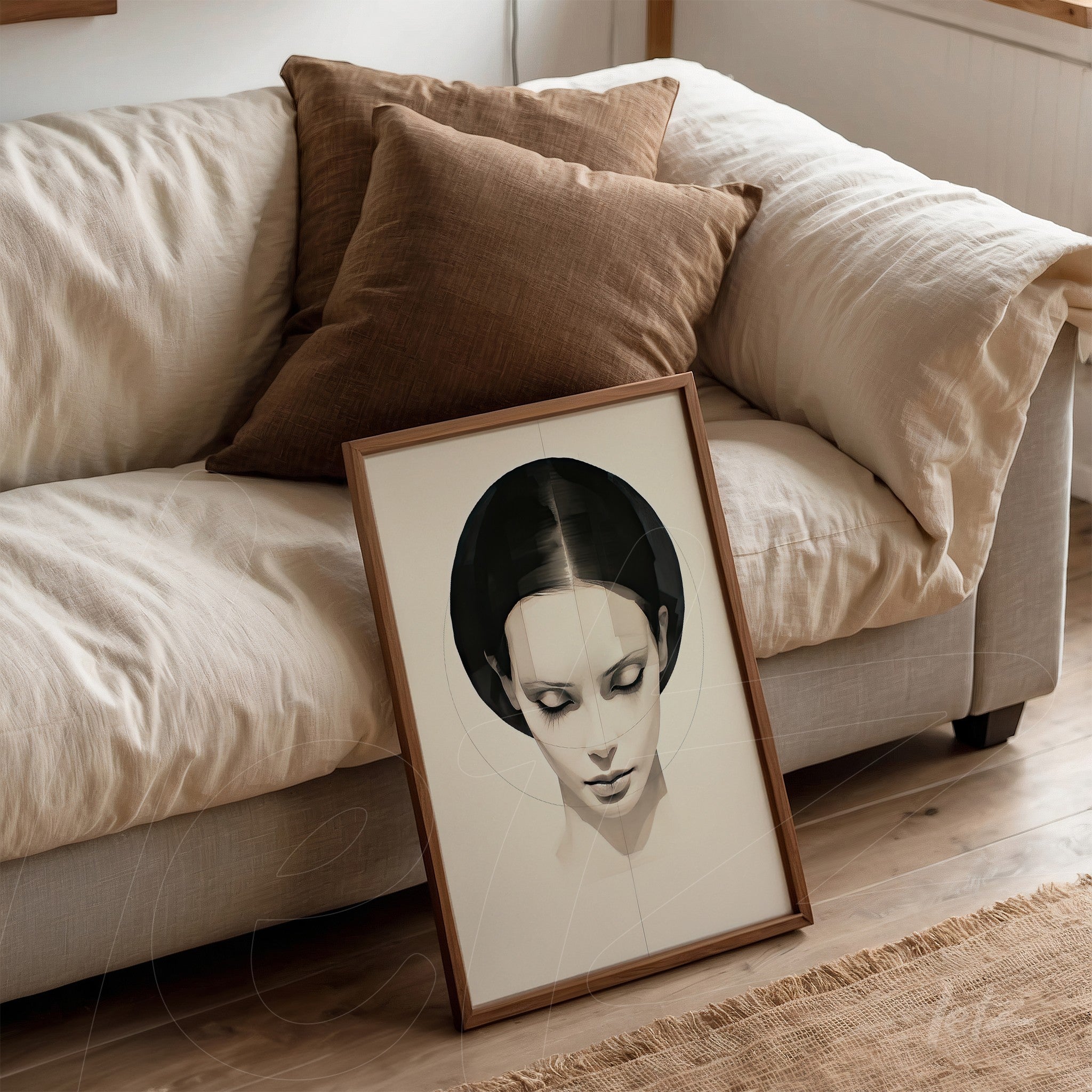 framed minimalist illustration of a female face with light wooden frame resting against a sofa with brown cushions