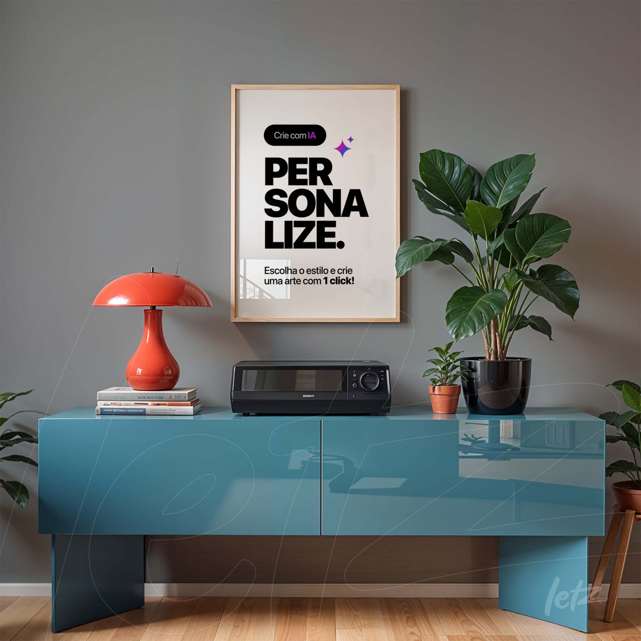 modern artwork in light frame displayed above a blue table with plant decor