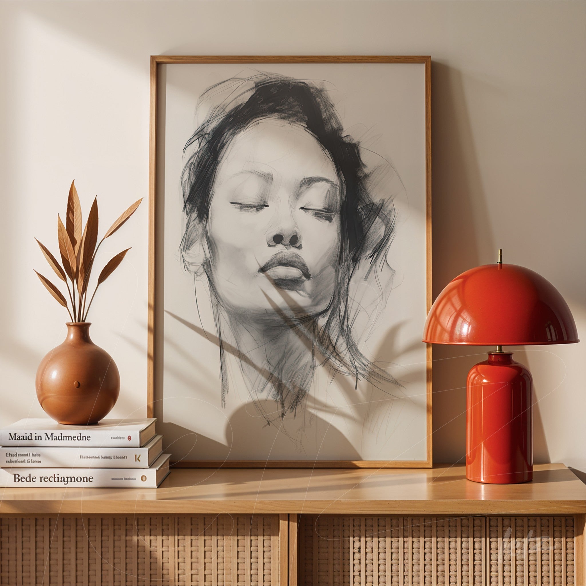 framed artwork featuring a monochromatic sketch of a female face in light wood frame, displayed on a wooden table with a terracotta vase and a red lamp