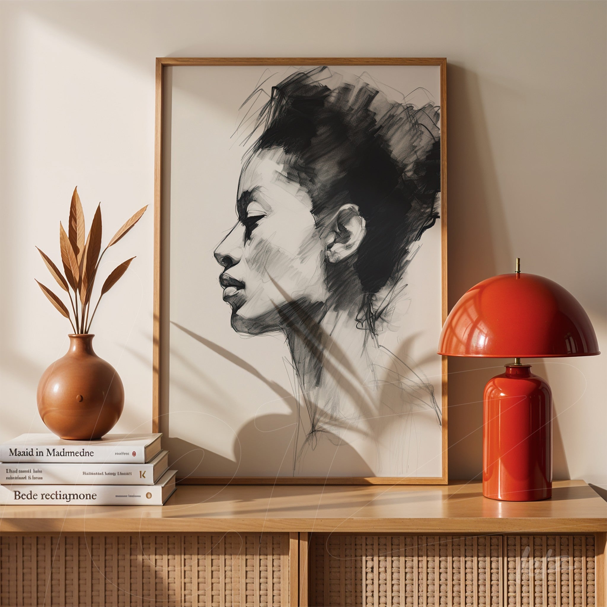 contemporary portrait artwork in black ink brush strokes on white background, light wood frame, decorated with a ceramic vase and a red lamp on a wooden table