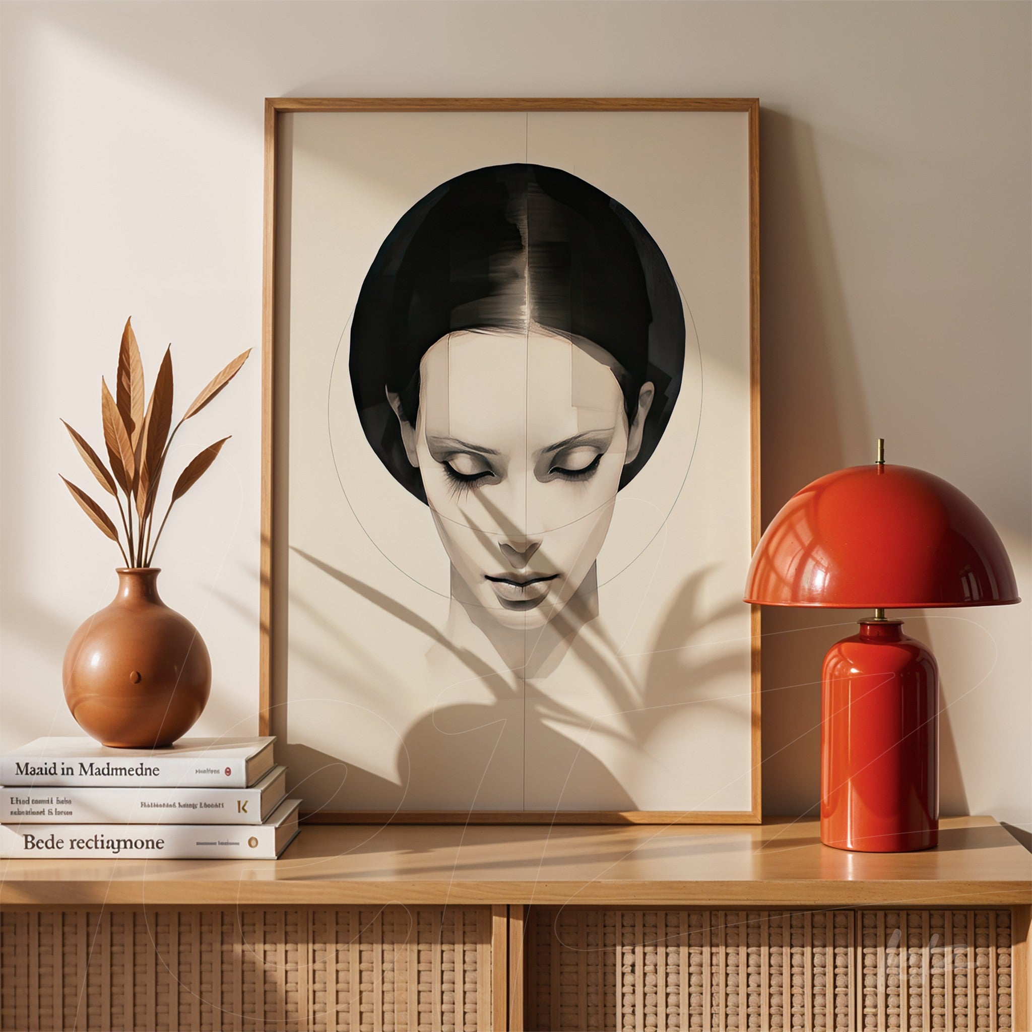 framed minimalist art piece featuring a female portrait with calm expression displayed next to a ceramic vase and a red lamp on a wooden table