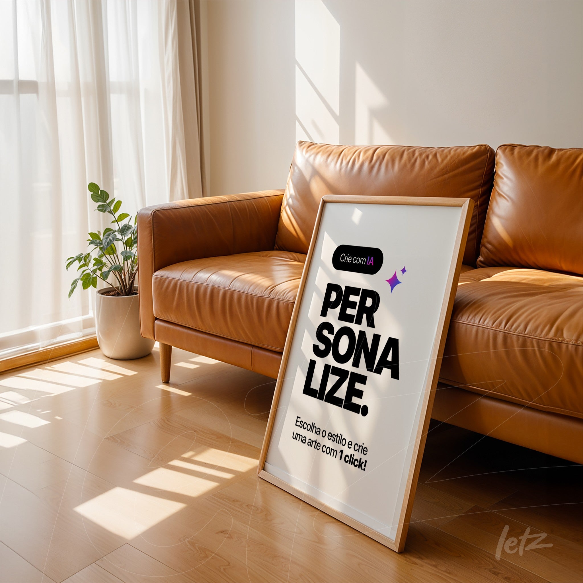 framed wall art featuring a personalization quote in natural wood frame leaning against a brown sofa in a bright room
