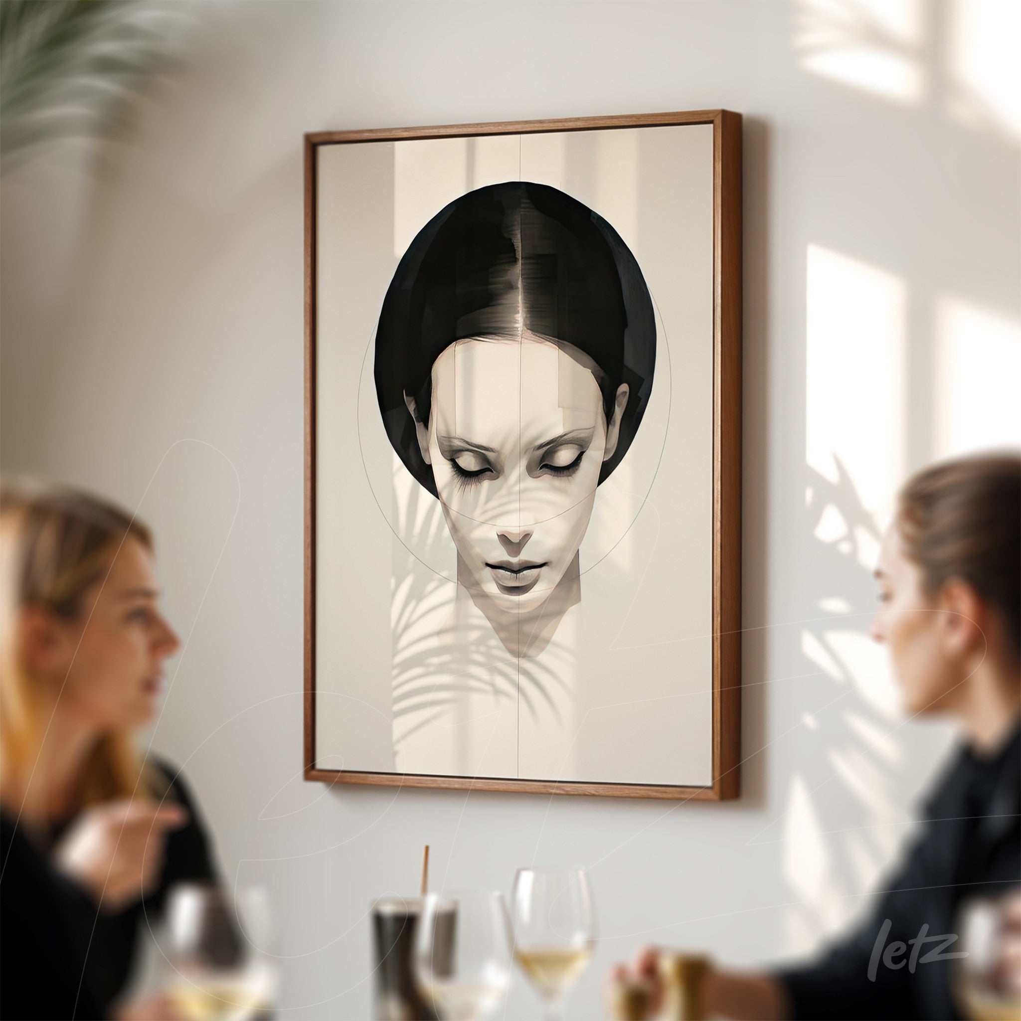 framed artwork featuring a digital portrait of a woman with subtle features against a neutral background
