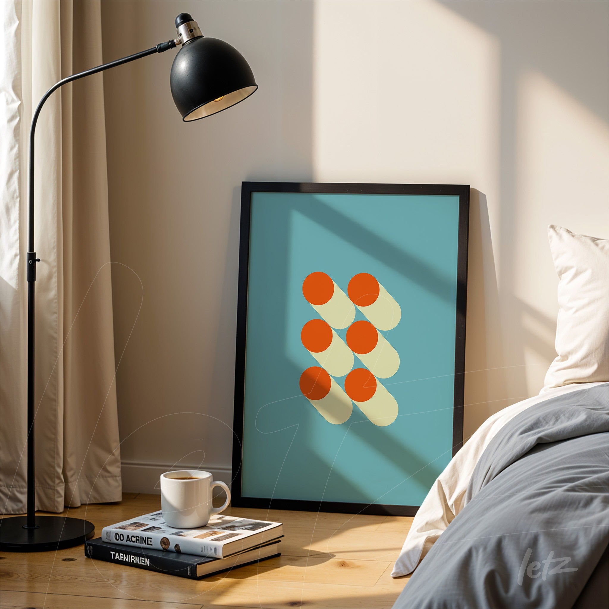 minimalist art with orange geometric shapes on blue background leaning on the floor next to a black lamp