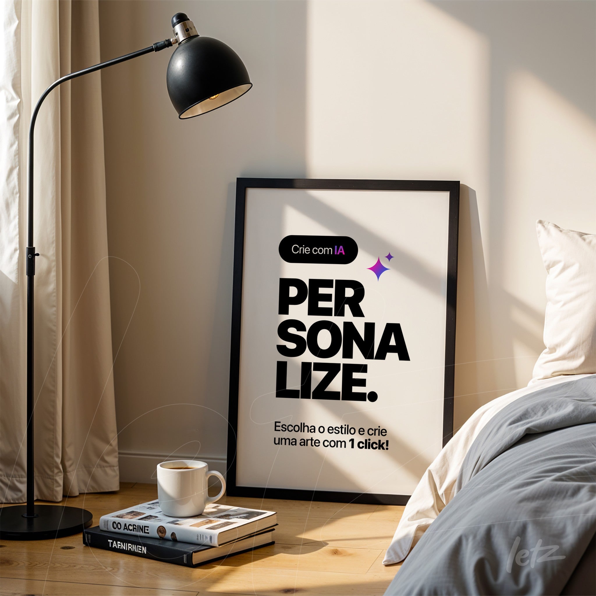 framed wall art featuring bold and modern typography highlighting art personalization, displayed in a cozy setting with a floor lamp and bed