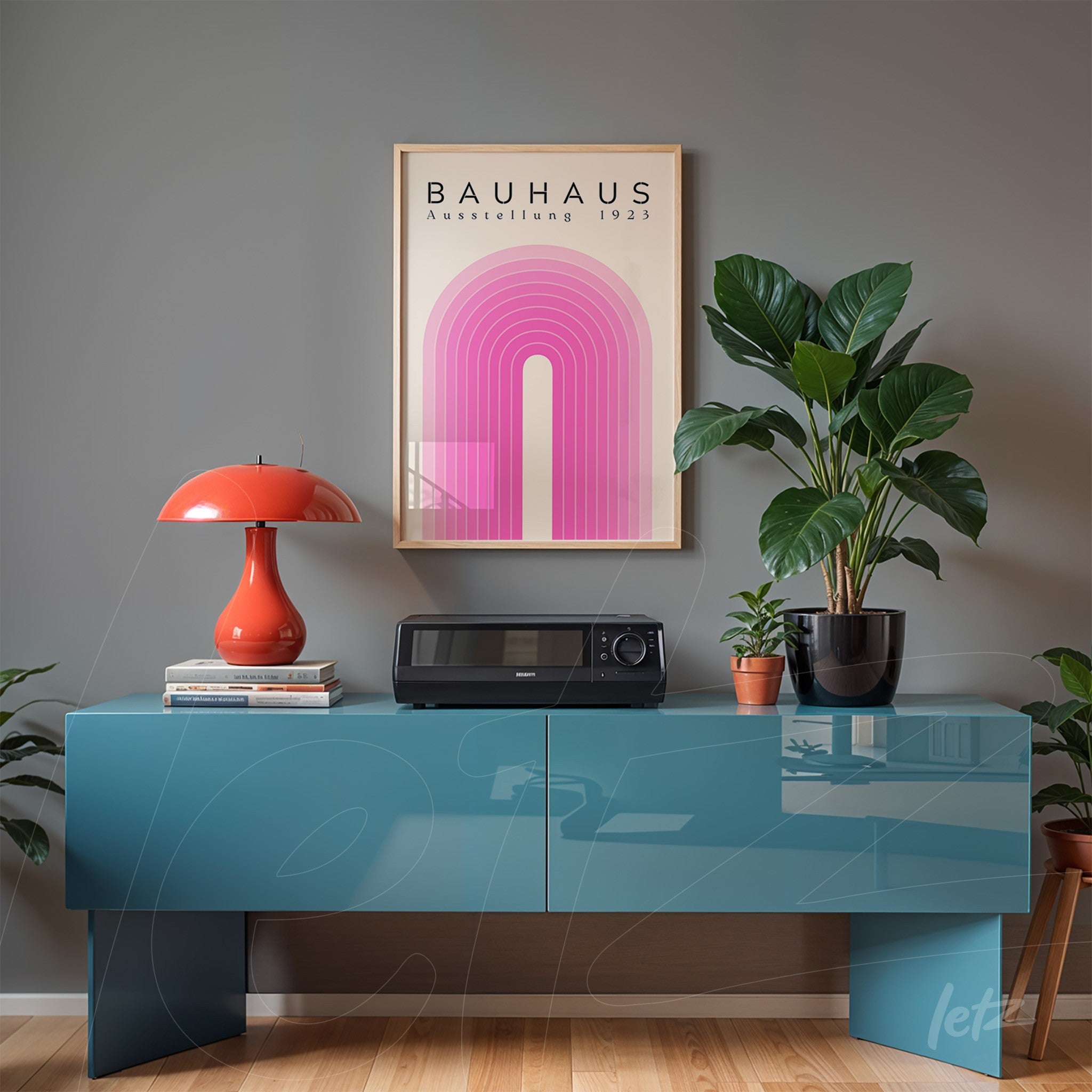 Bauhaus style poster with pink gradient arch framed on gray wall