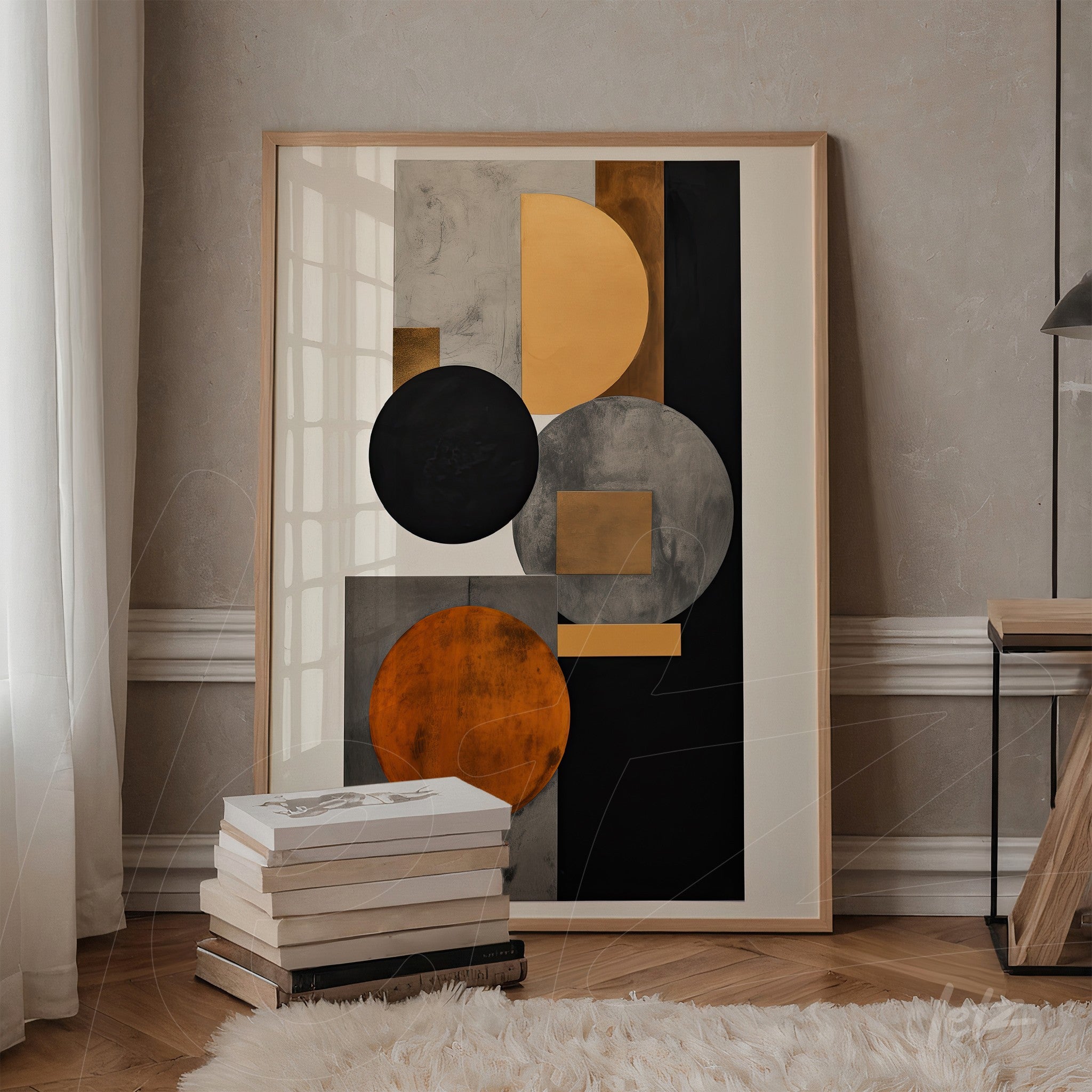 abstract wall art featuring geometric shapes in gold, black, gray, and orange tones with a light wood frame