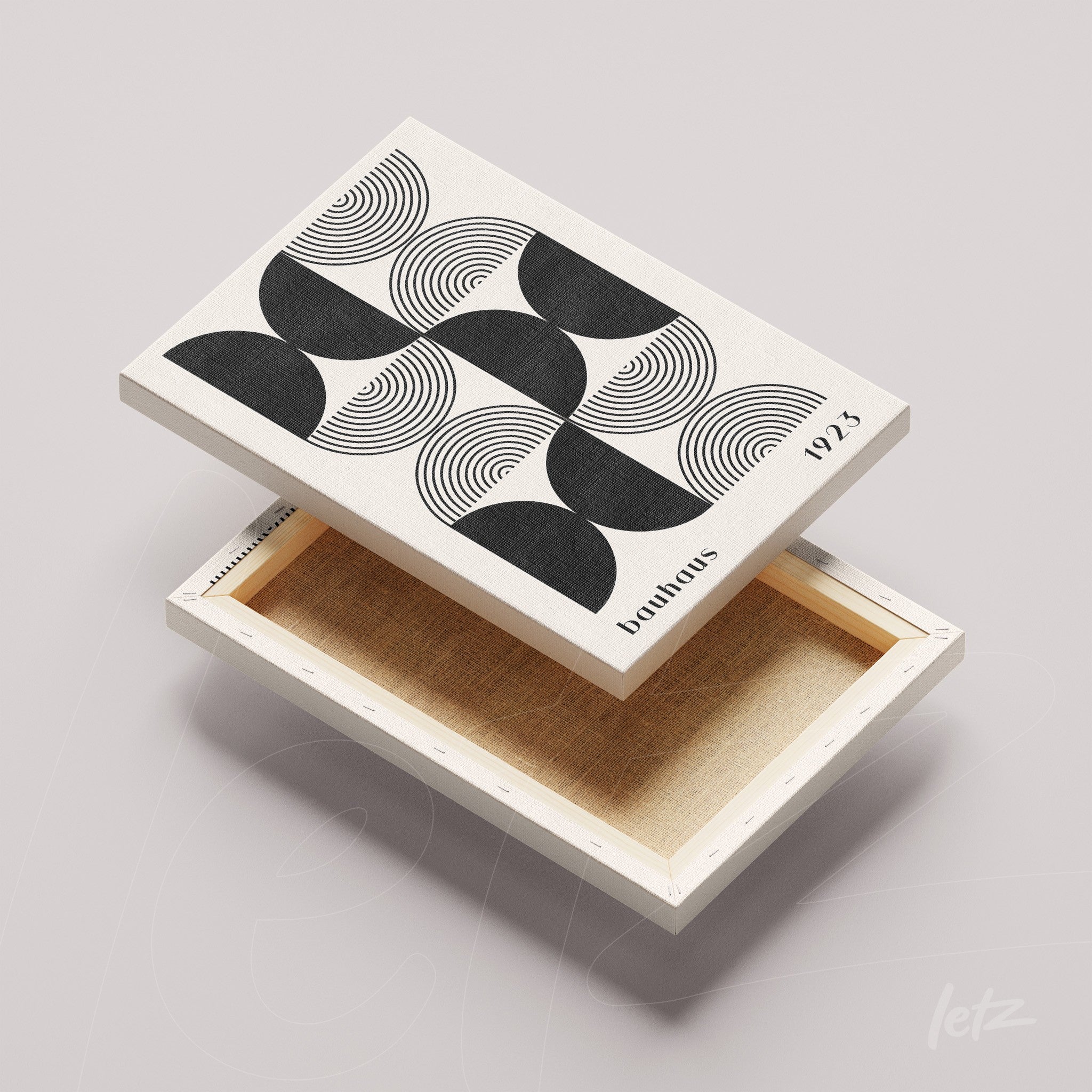 canvas print with black geometric pattern on a light background, shown open without a frame