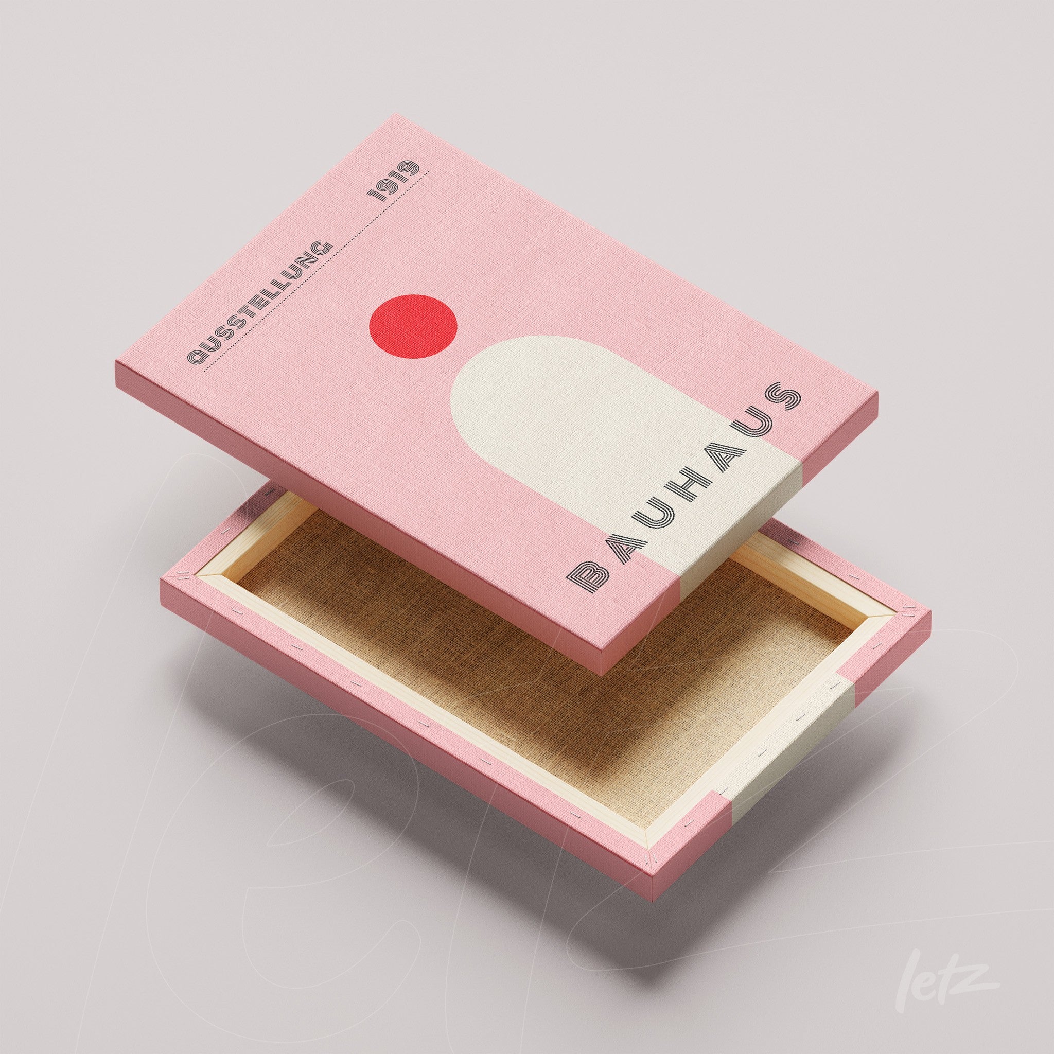 minimalist pink canvas print with geometric shapes and bauhaus exhibition text