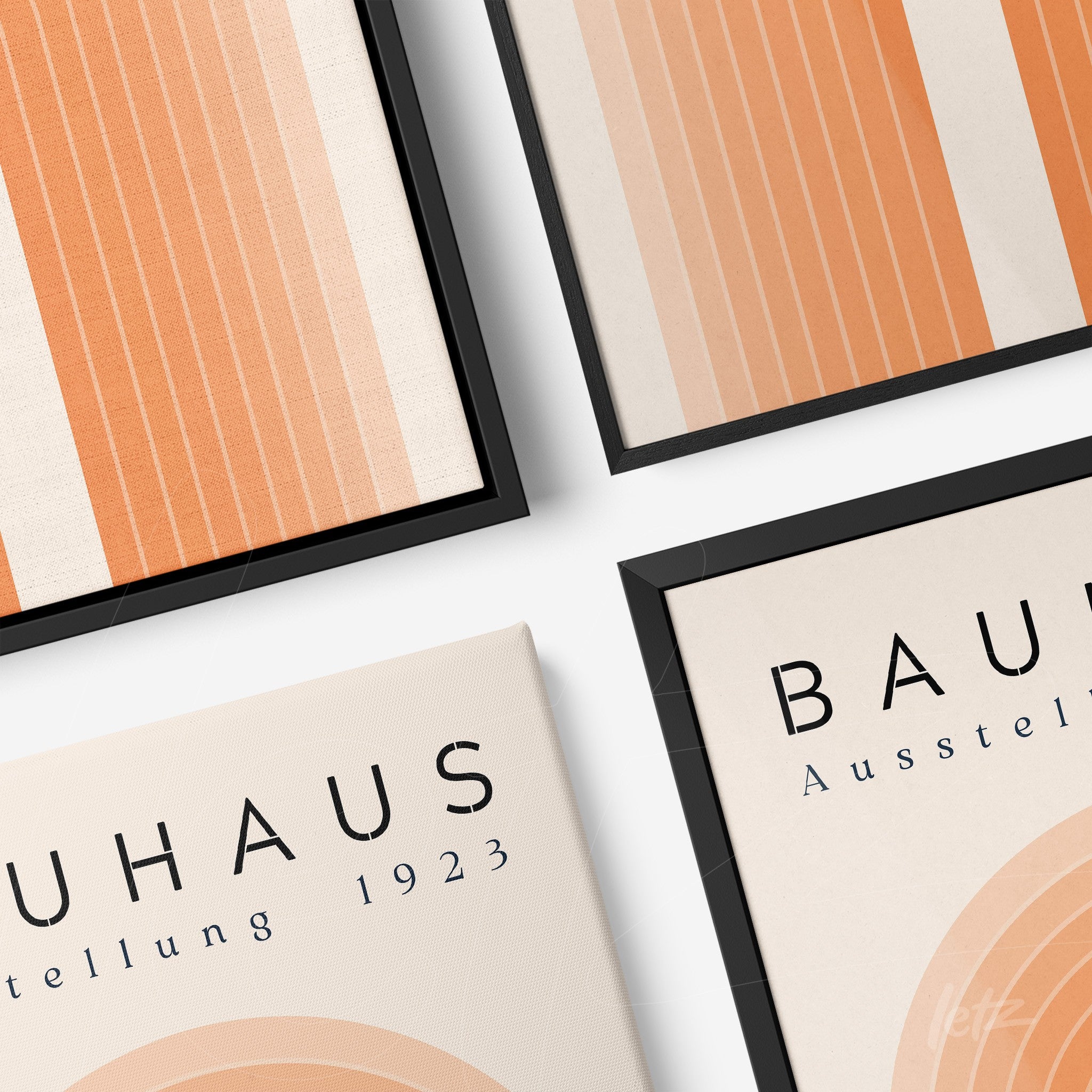 composition with two bauhaus style decorative frames with black edges and geometric lines in orange and beige tones