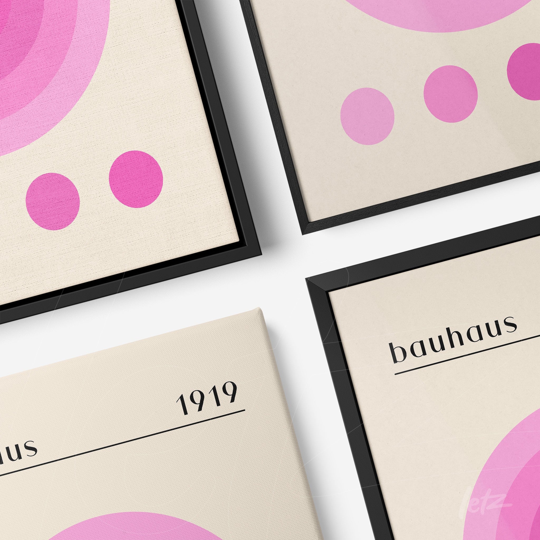 collection of bauhaus style prints with pink circles and black frame