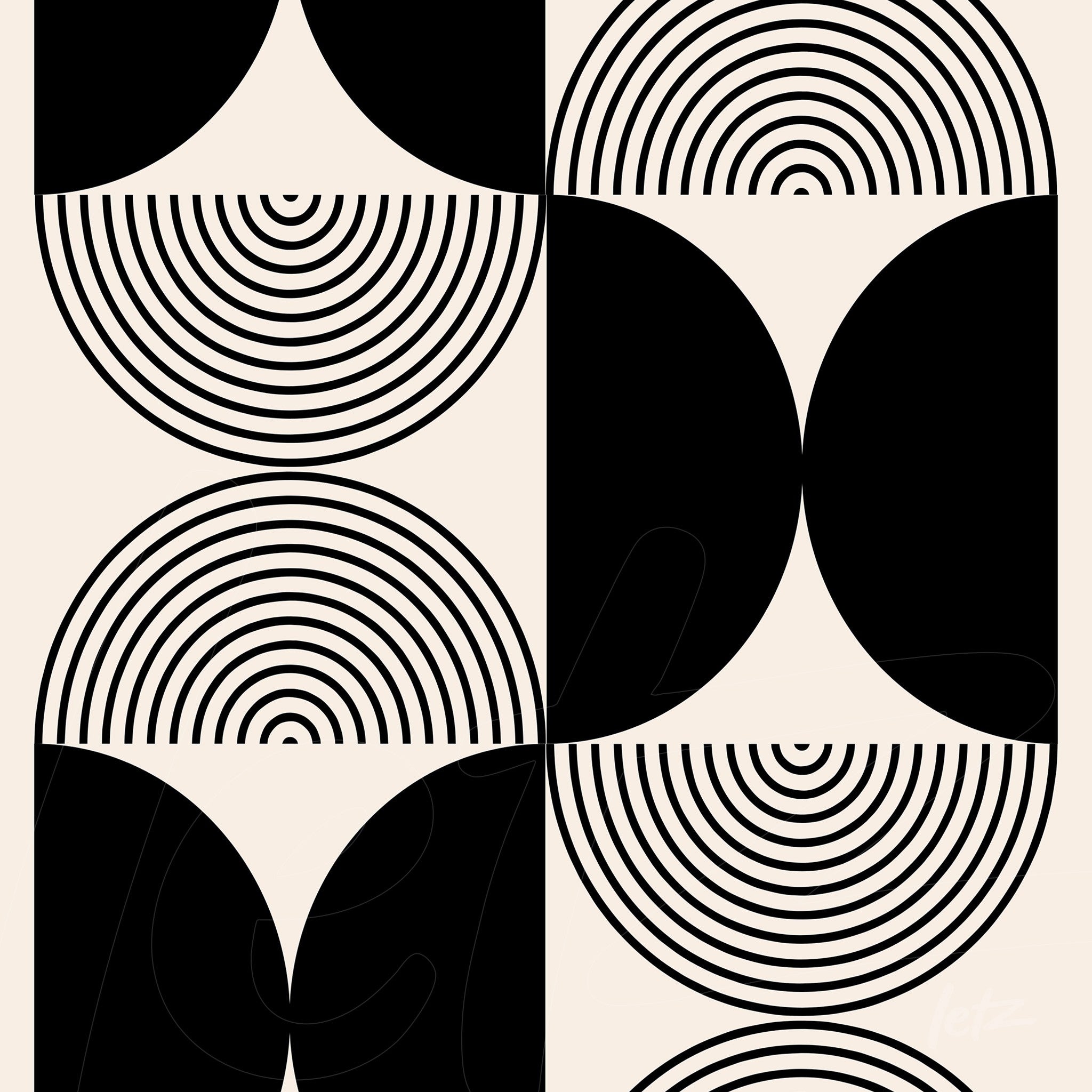 poster with black and beige geometric art featuring semicircles and concentric lines
