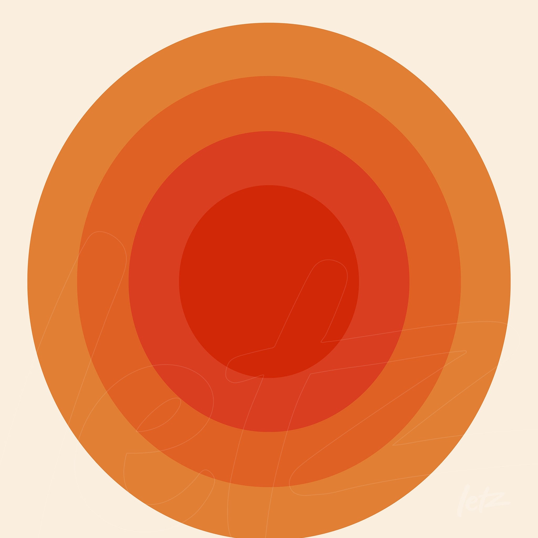 poster print featuring concentric circles in warm shades of orange and red on a beige background