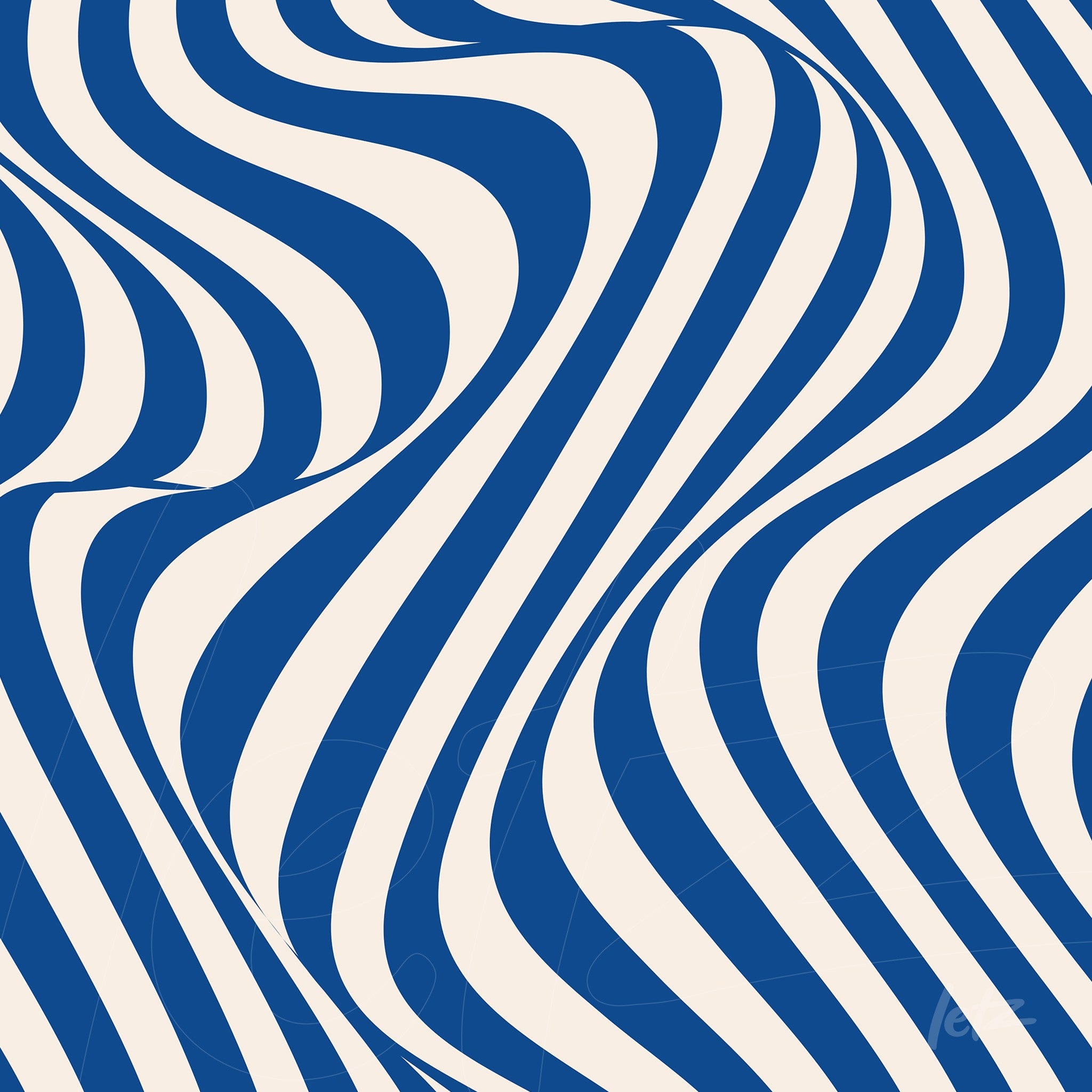 abstract artwork with wavy blue and white stripes in a continuous pattern