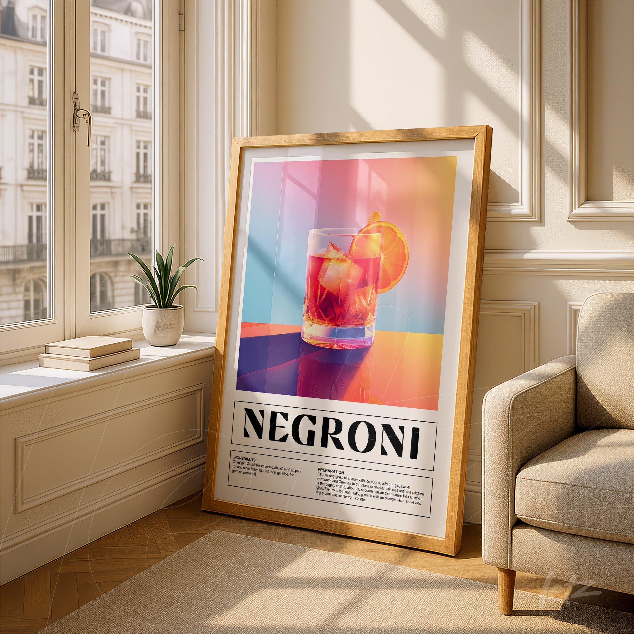 framed artwork featuring colorful illustration of negroni cocktail in a vibrant arrangement displayed next to a potted plant