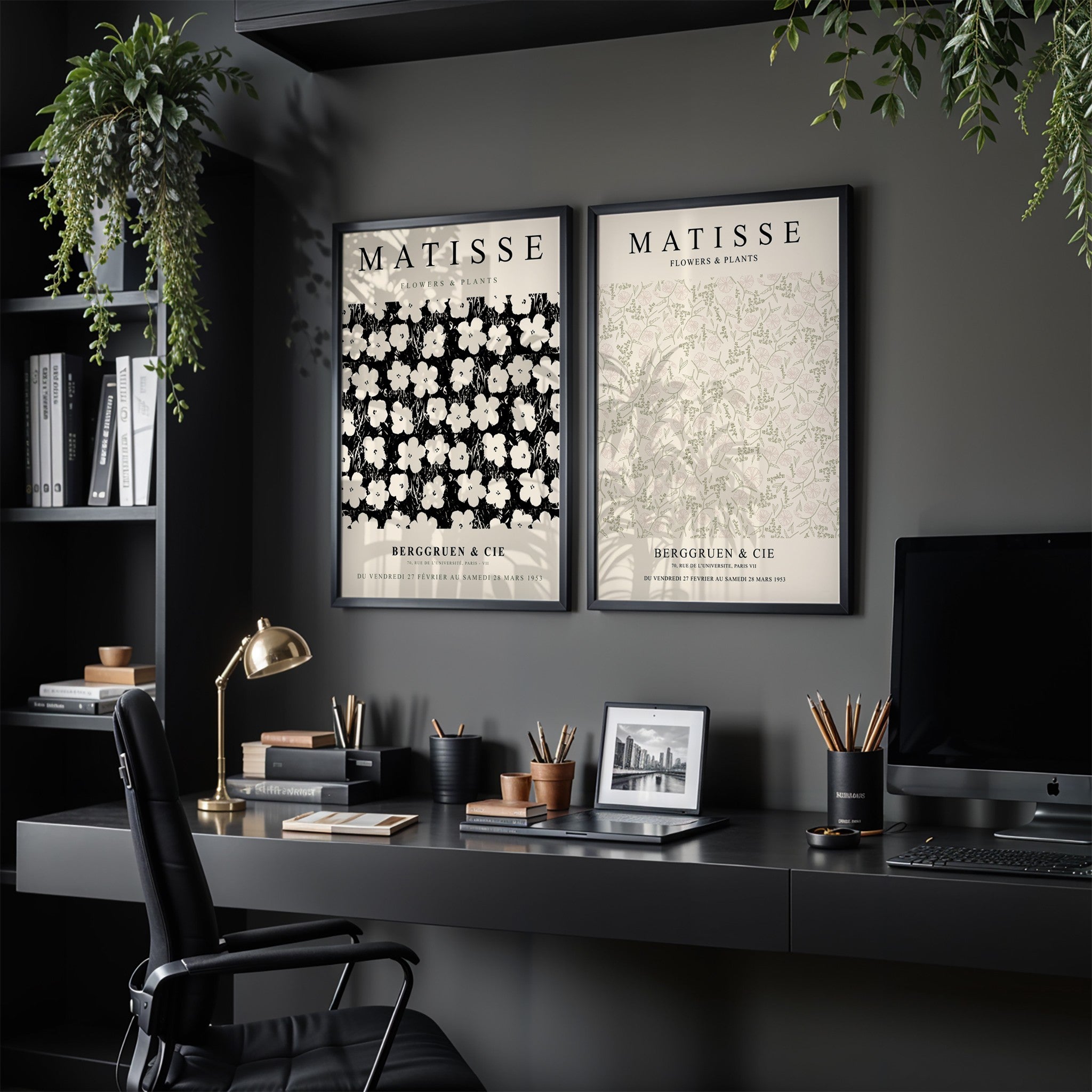 framed wall art composition featuring matisse flower designs on dark gray wall