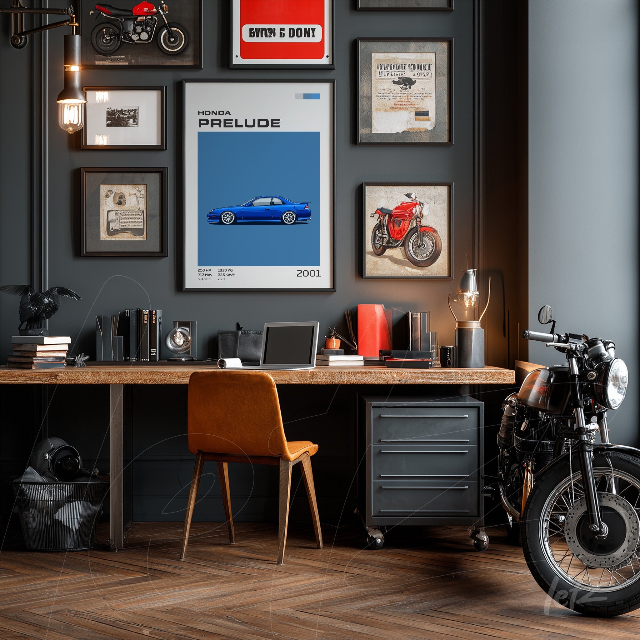 wall art featuring a honda prelude 2001 illustration in black frame surrounded by motorcycle decor and decorative objects in a modern office setting
