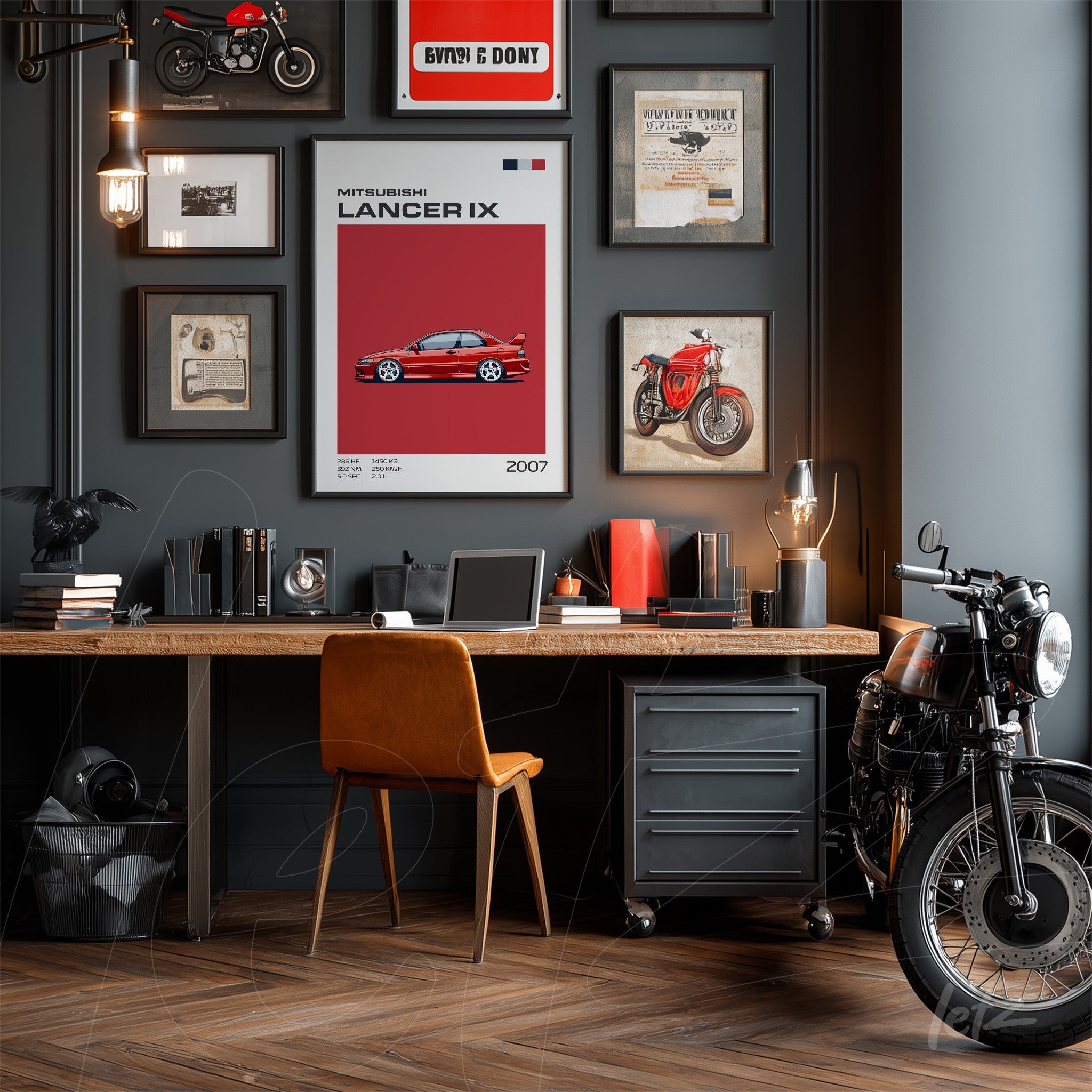 composition of framed wall art featuring motorcycles and a car on dark wall, light wooden desk with designer chair, and a motorcycle displayed beside