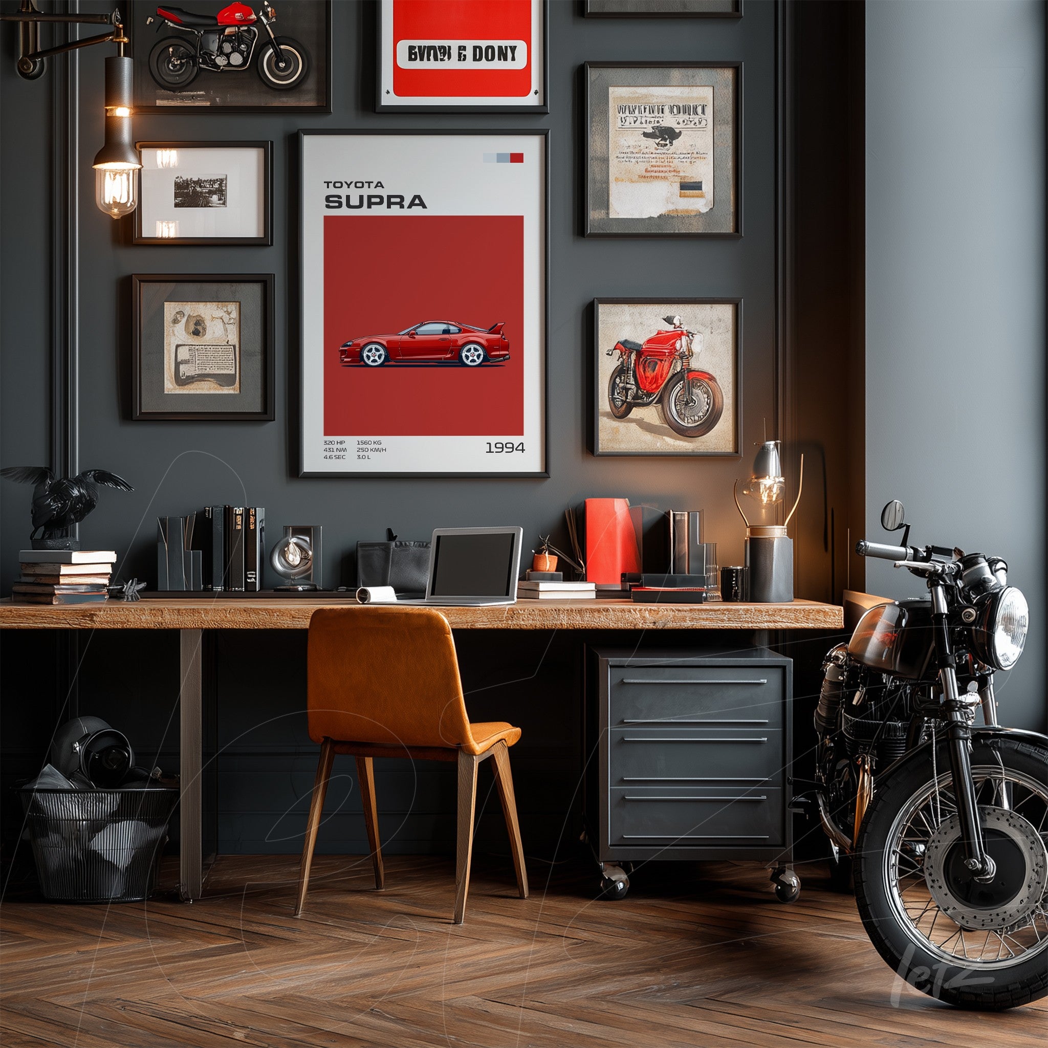 modern workspace featuring a wooden desk, orange chair, and a wall decorated with various framed car artworks