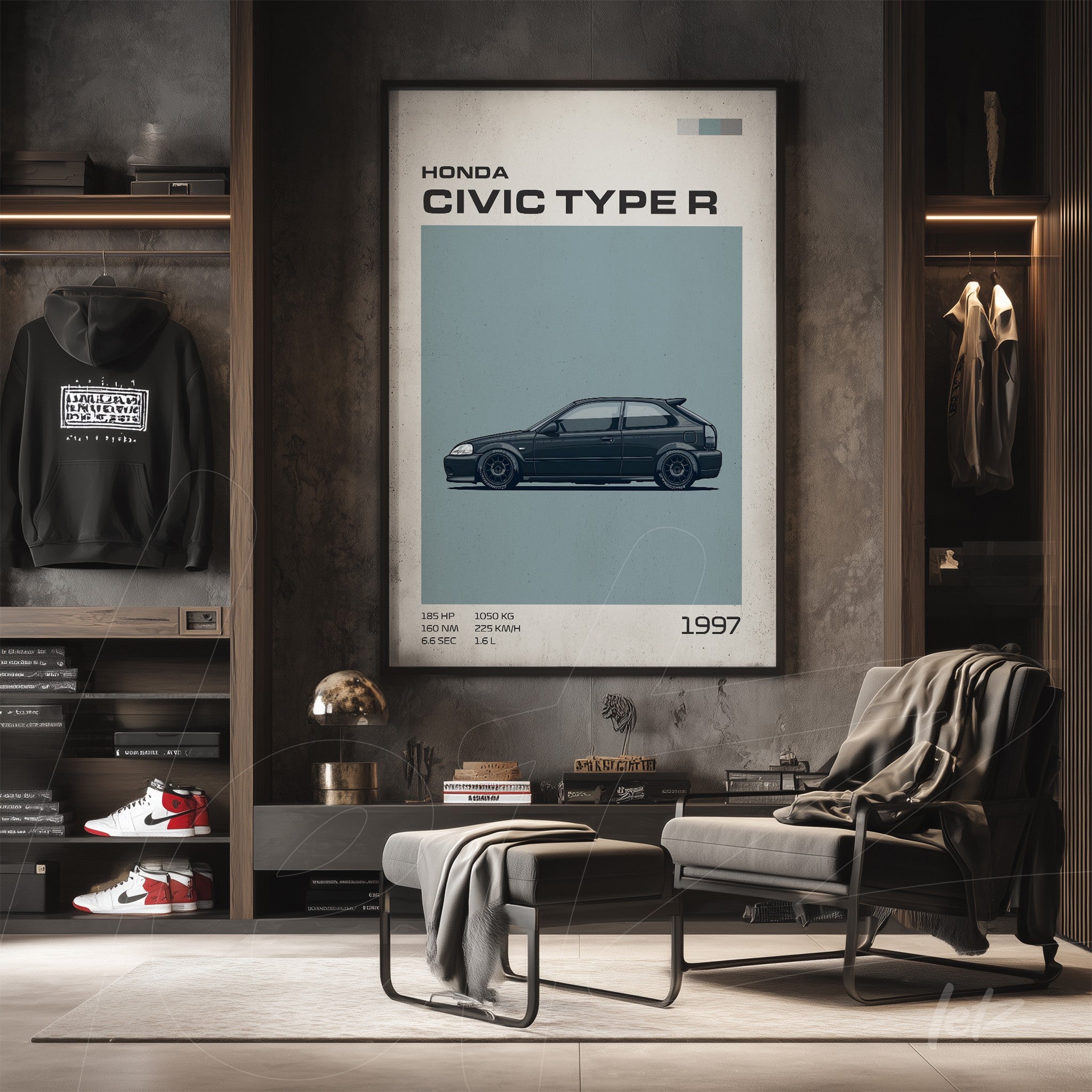 framed illustration of a 1997 Honda Civic Type R on a concrete wall in a modern interior