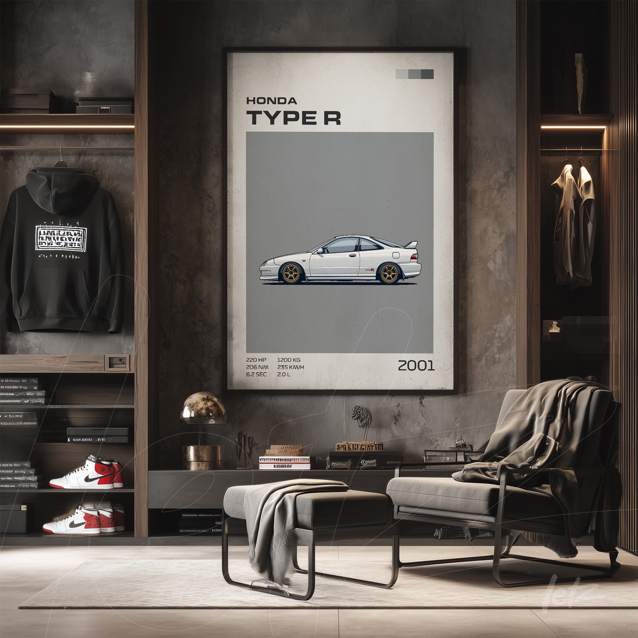 framed wall art featuring an illustration of a 2001 Honda Type R on a gray background