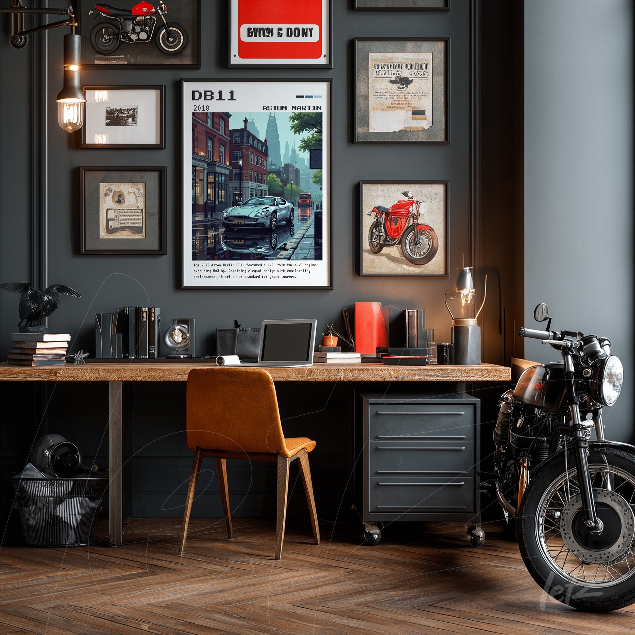framed vintage art of an Aston Martin DB11 displayed on a gray wall with automotive decorative elements