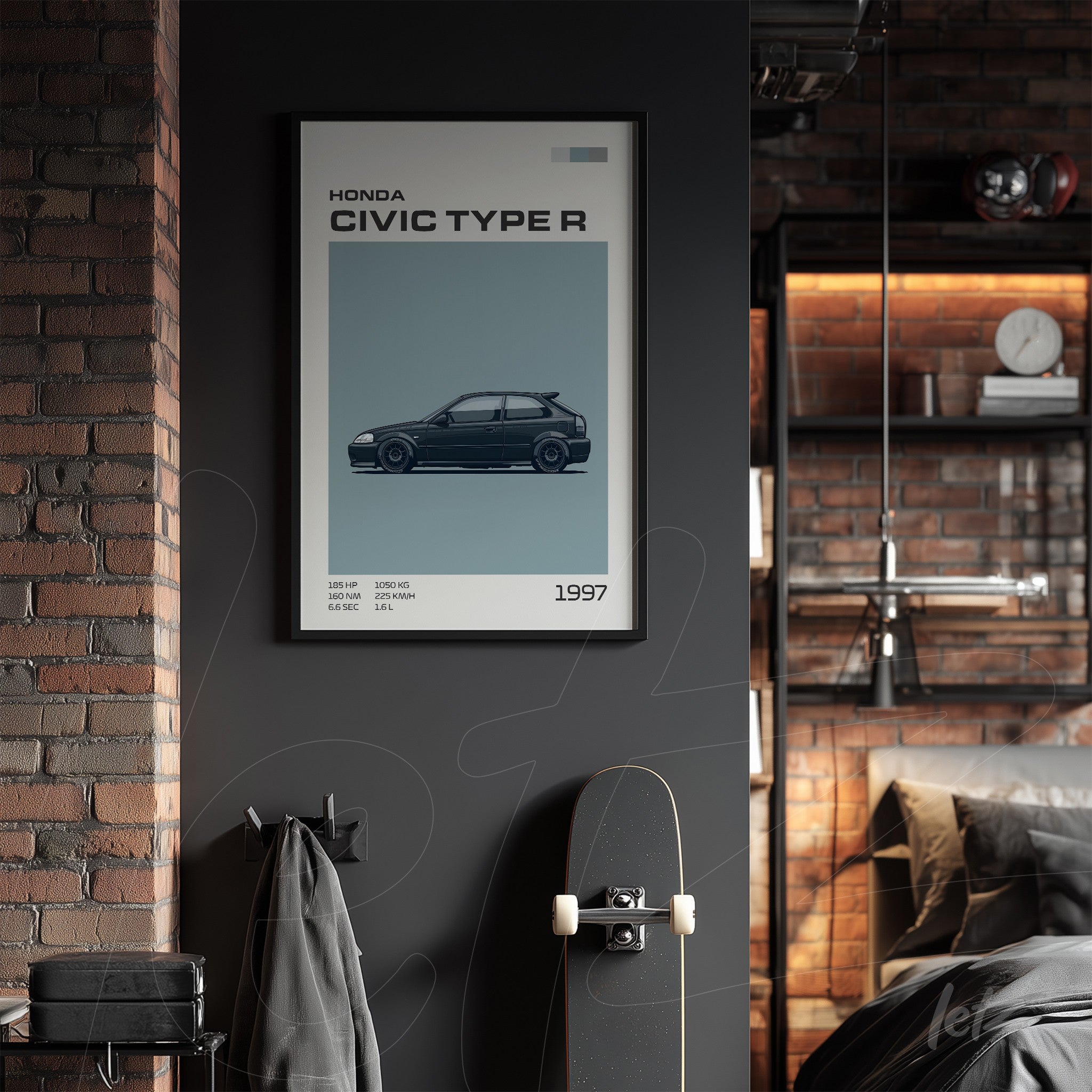 framed art piece of a 1997 Honda Civic Type R in black frame on a dark wall