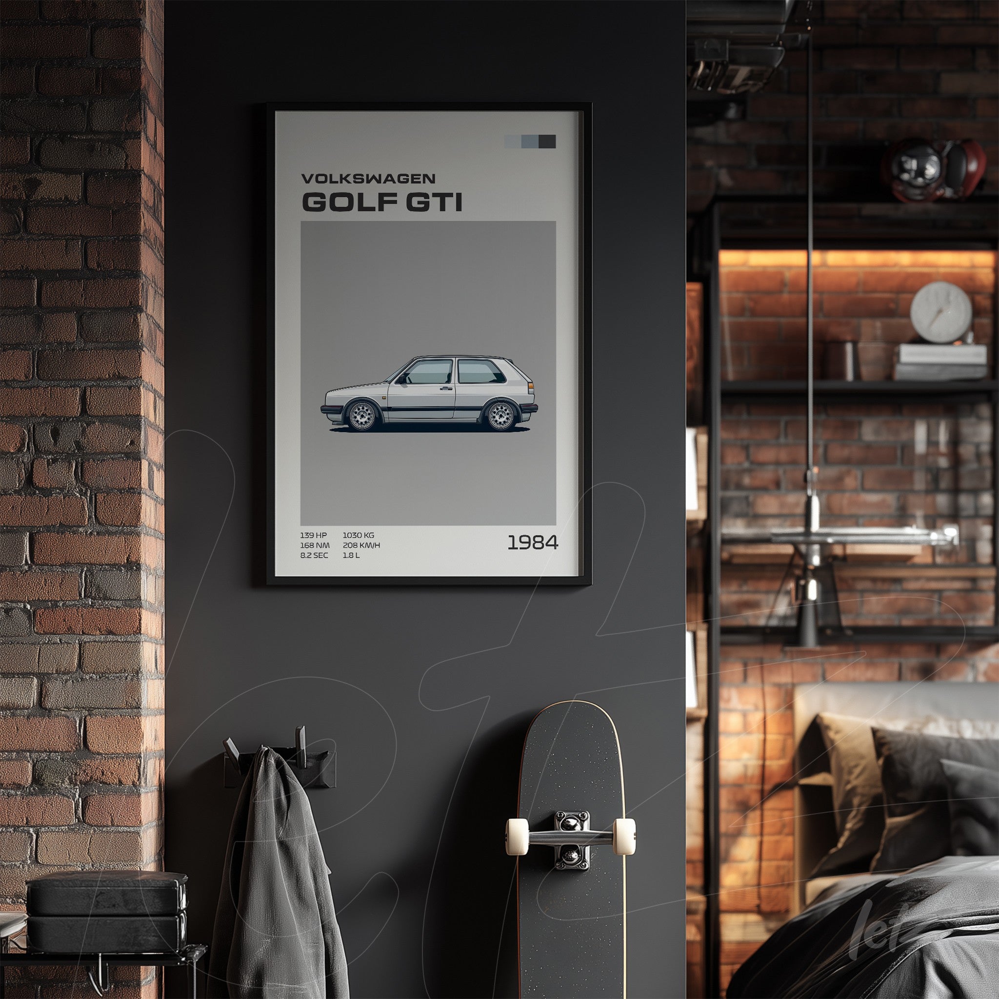 framed graphic art of 1984 Volkswagen Golf GTI in black frame against dark wall
