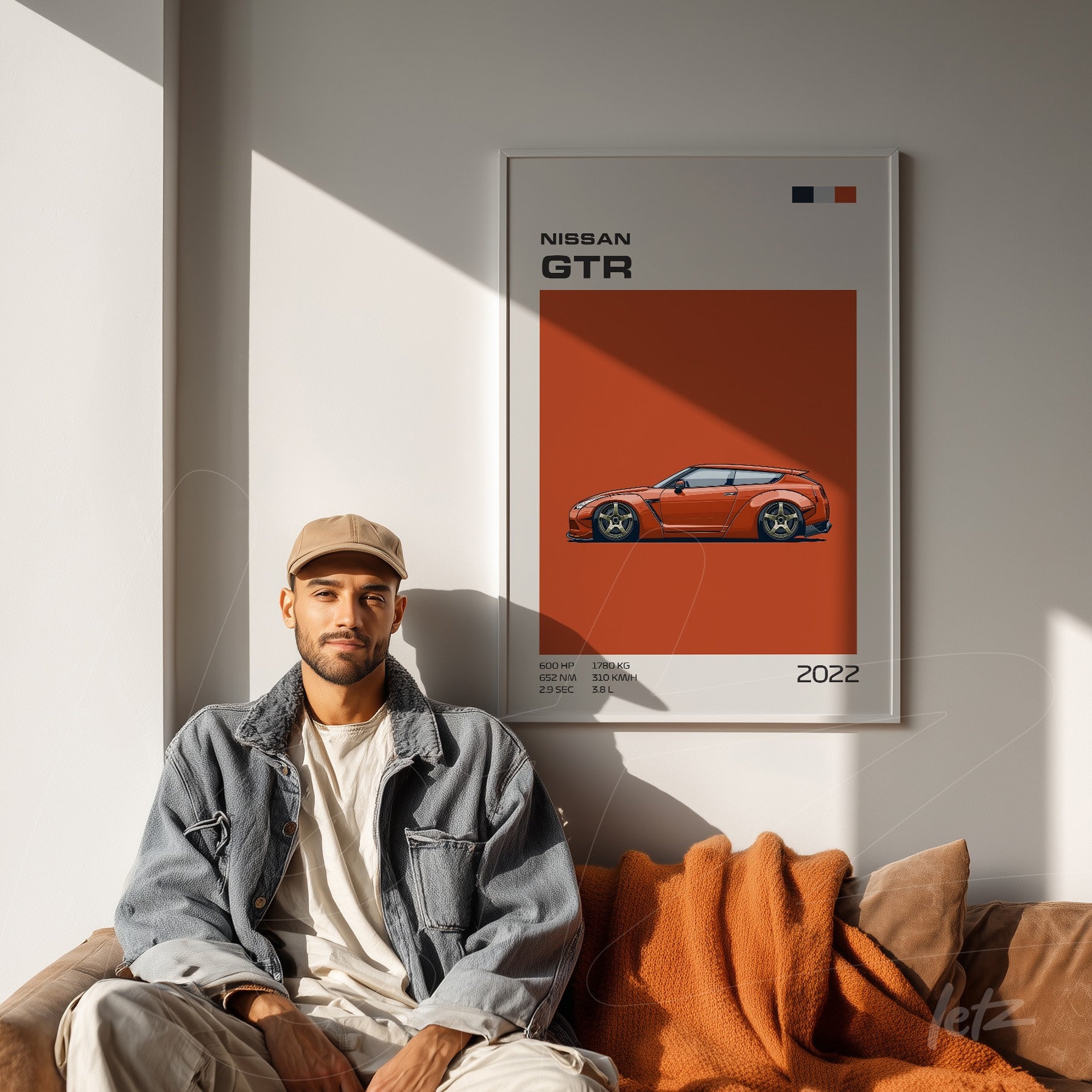 modern wall art of Nissan GTR car in white frame displayed on a wall with natural light