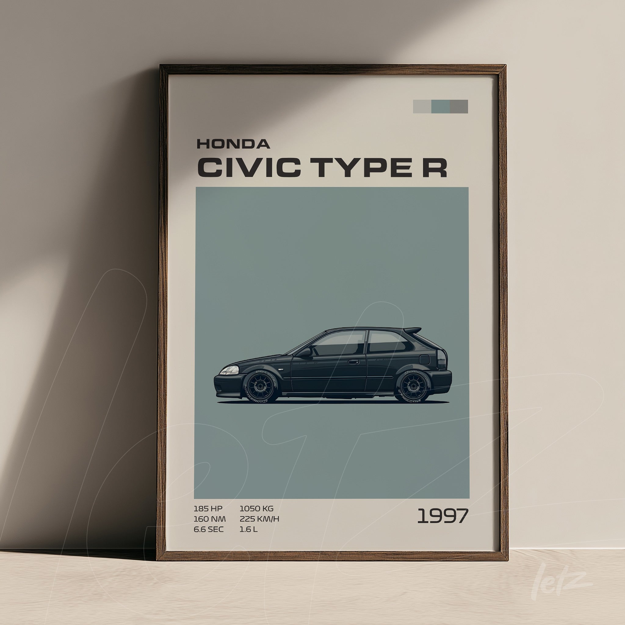 framed wall art of Honda Civic Type R with light wood frame and soft blue background