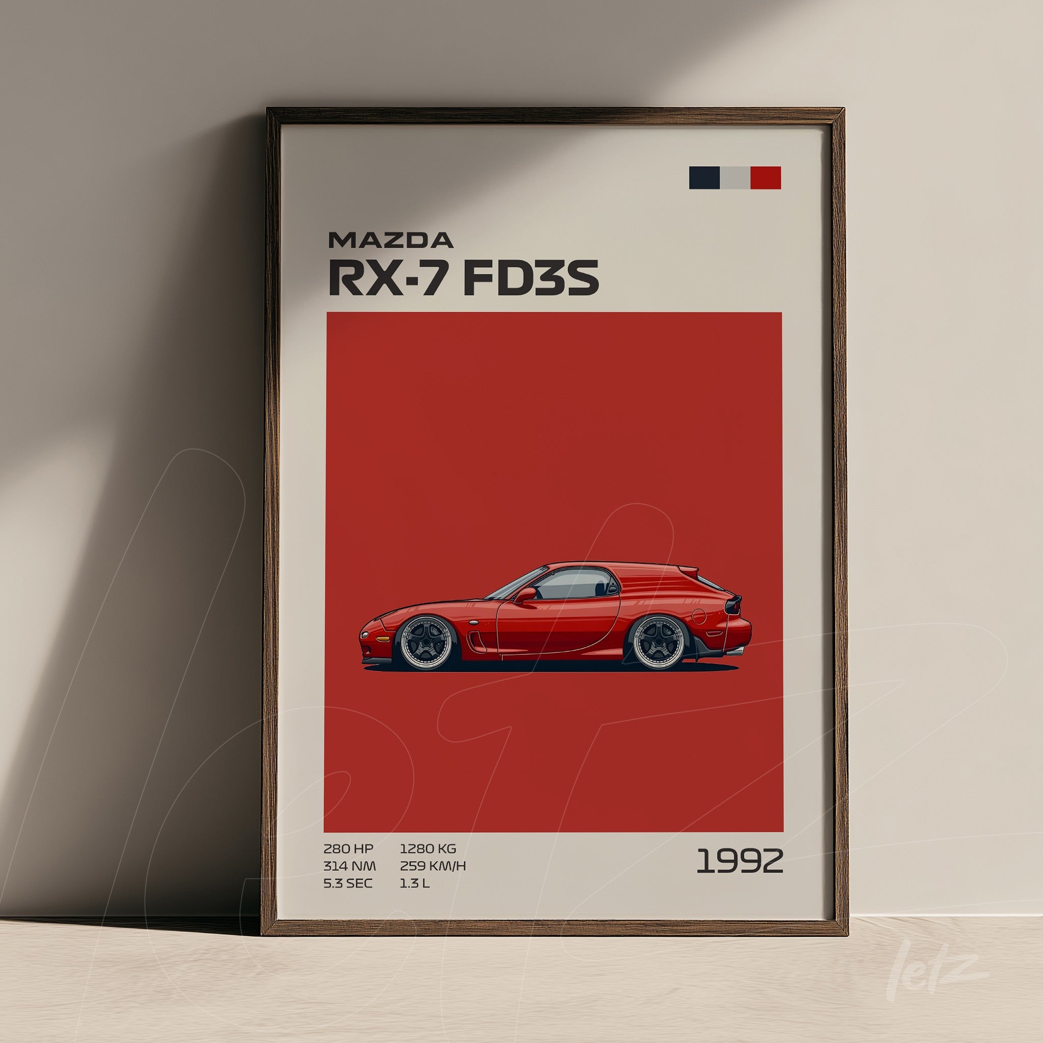 framed artwork featuring minimalist illustration of Mazda RX-7 FD3S on red background with brown frame