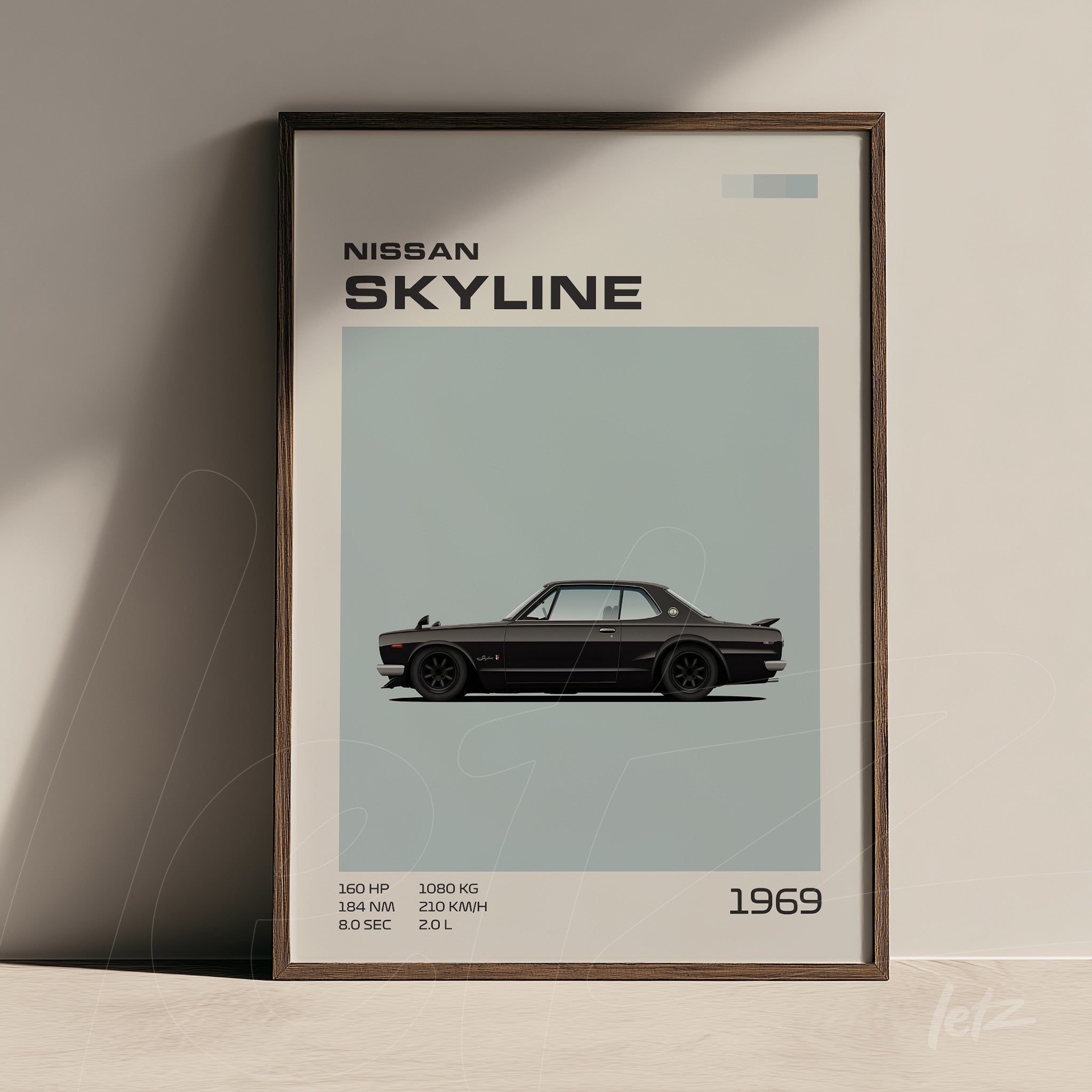 framed minimalist illustration of the 1969 Nissan Skyline in dark frame