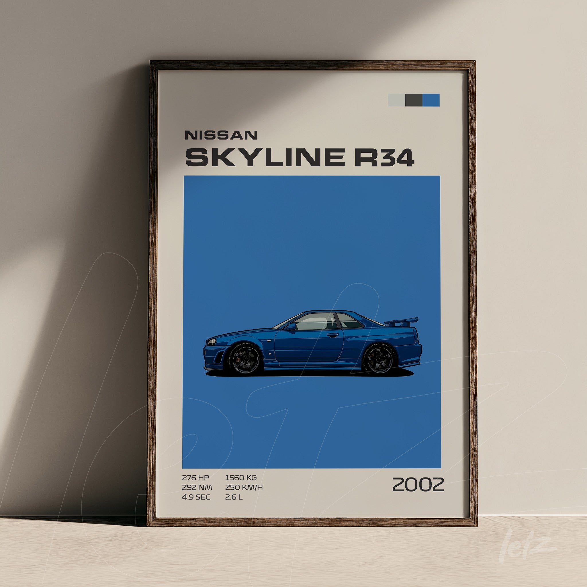 framed digital art of Nissan Skyline R34 car with dark frame and blue background