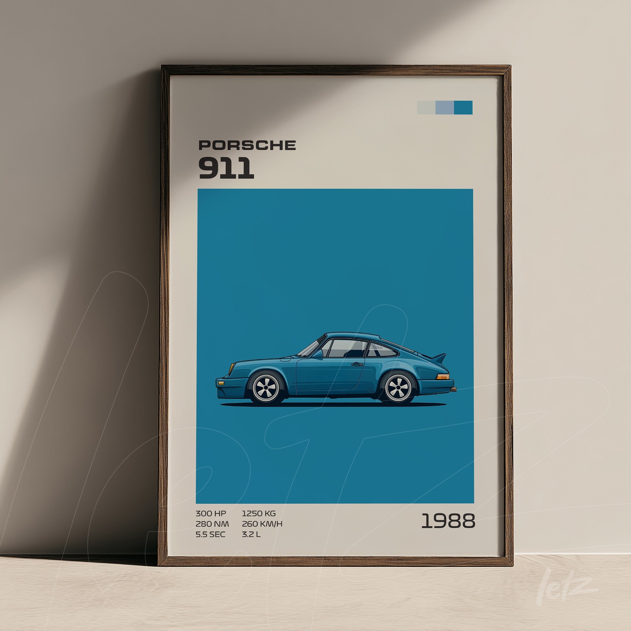 framed artwork featuring a minimalistic illustration of a Porsche 911 against a blue background with a dark wood frame