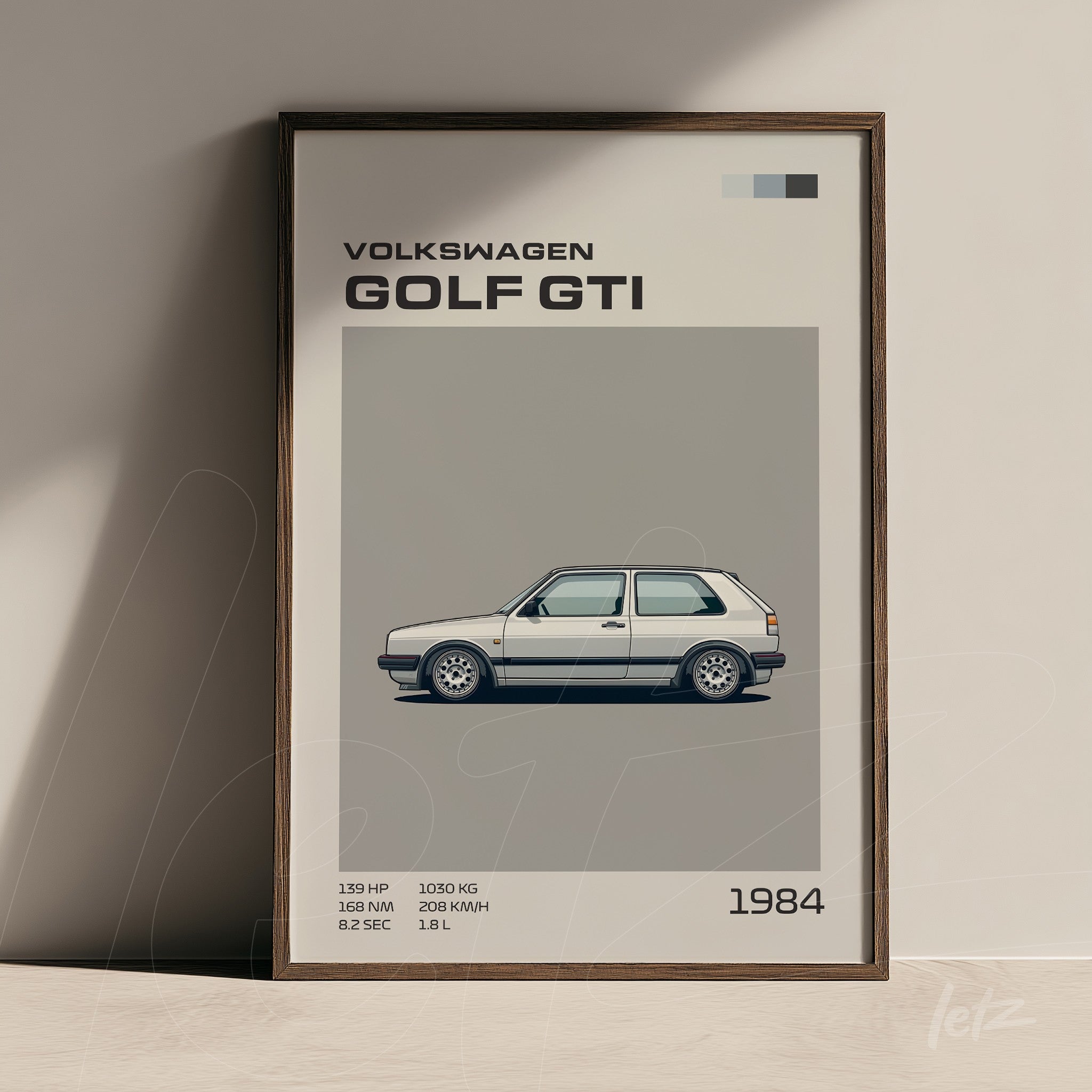 framed wall art featuring a minimalist illustration of a Volkswagen Golf GTI in dark wood frame