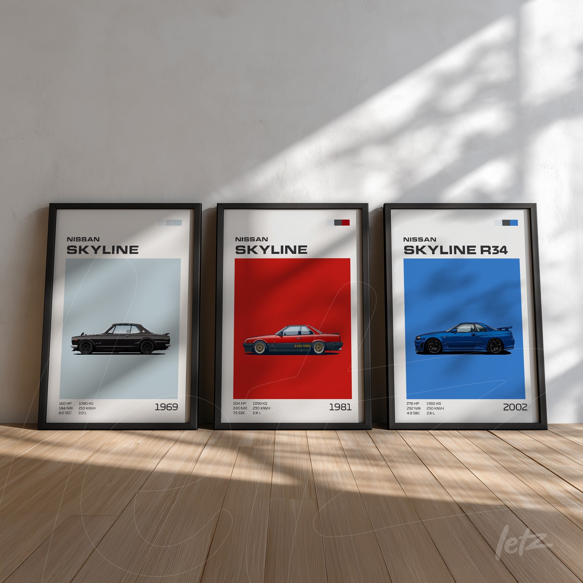 set of three framed artworks featuring various Nissan Skyline models on light blue, red, and white backgrounds, with year of manufacture details