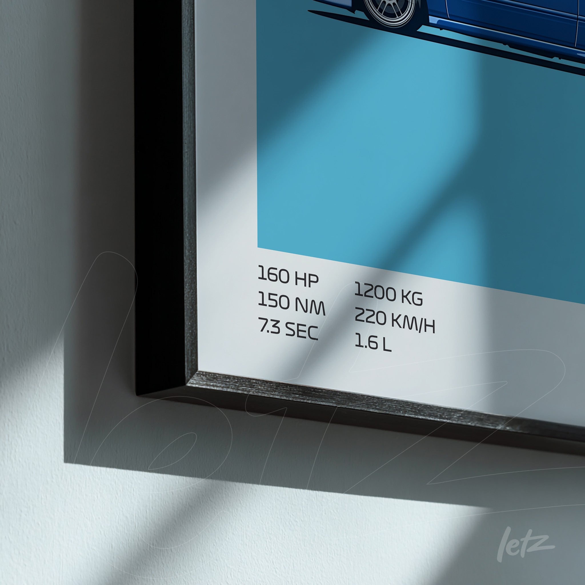 framed artwork of a blue sports car against a light blue background with performance specs displayed below in a modern font