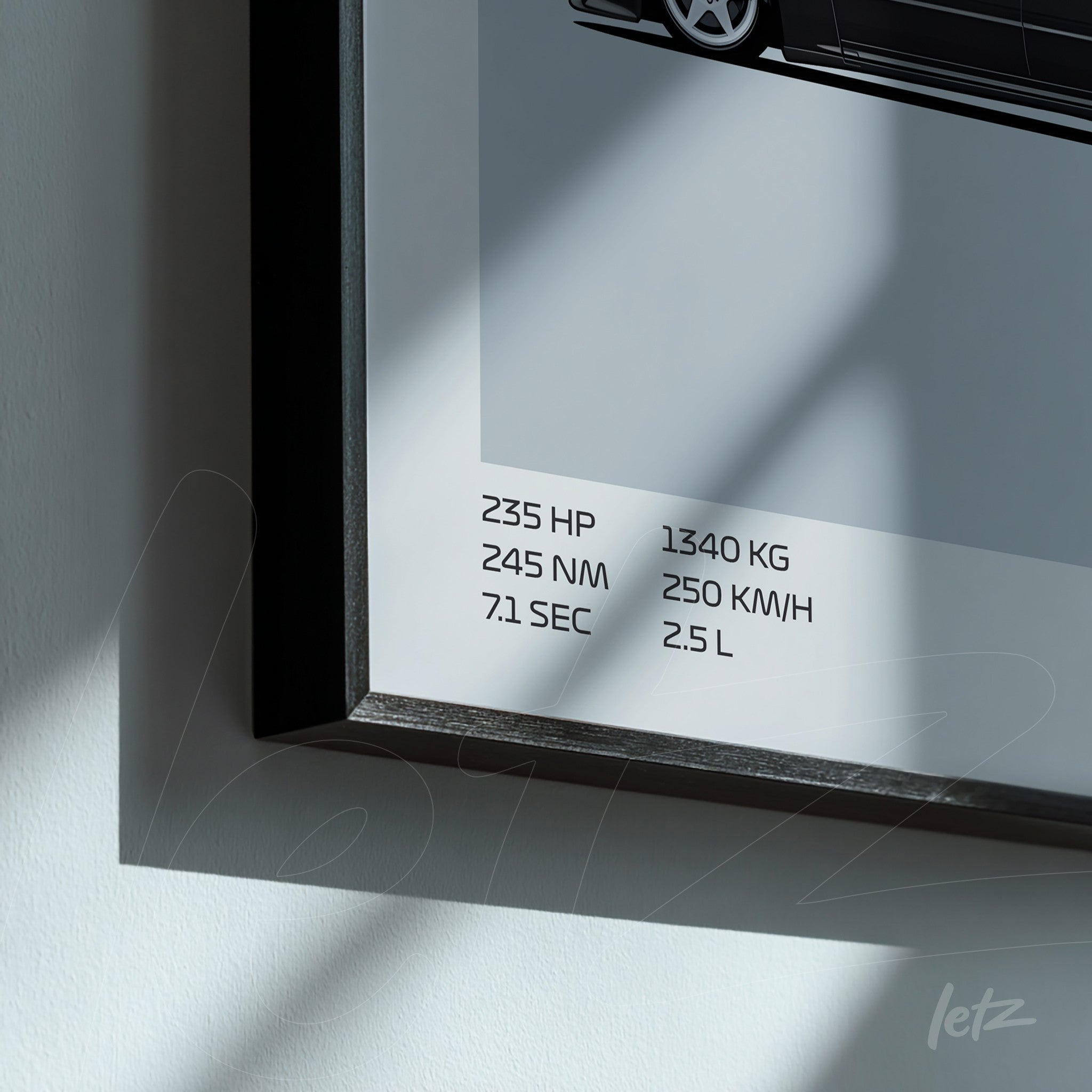 framed artwork featuring technical specifications of a sports car with a sleek black frame