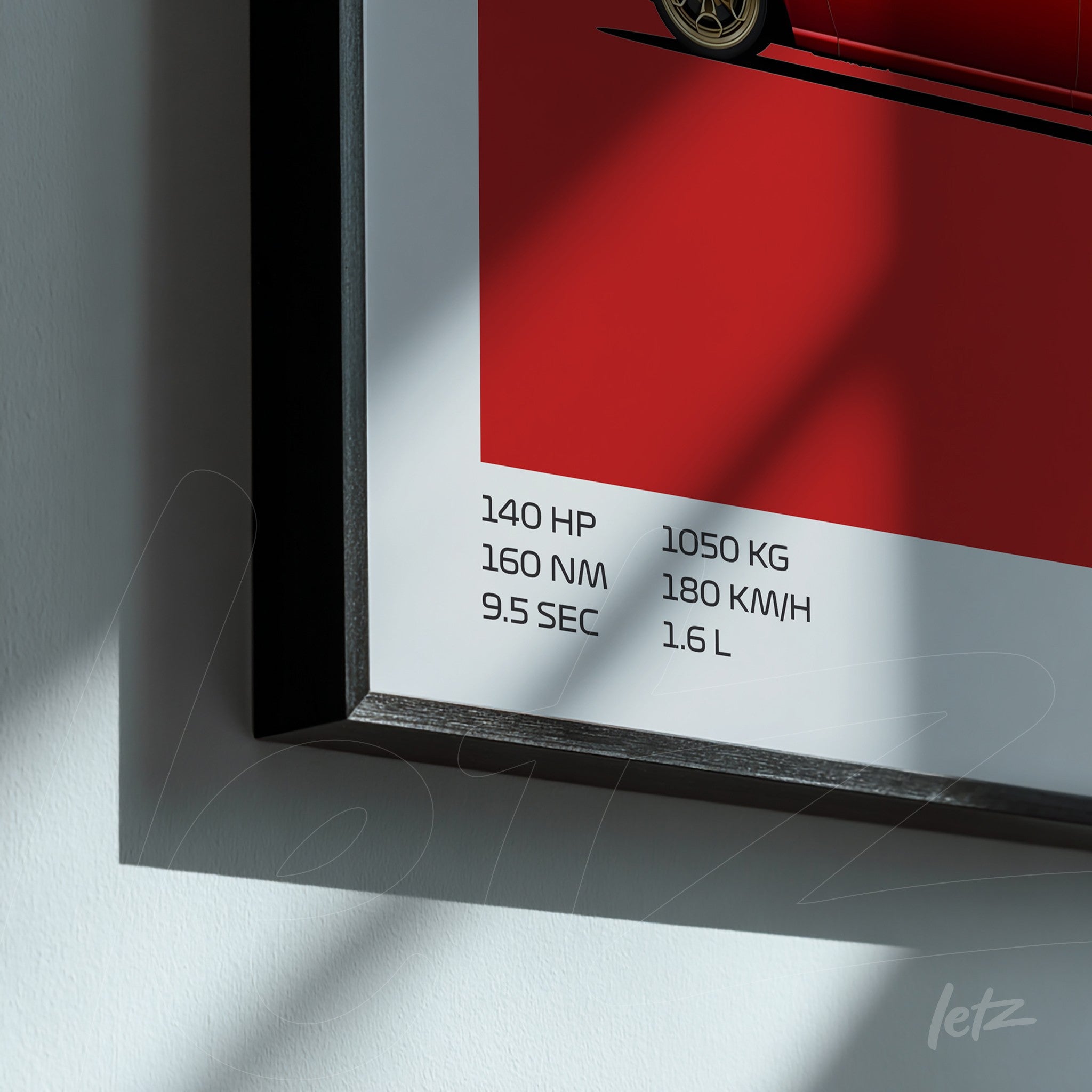 framed artwork featuring a sports car on a red background with technical specifications in white