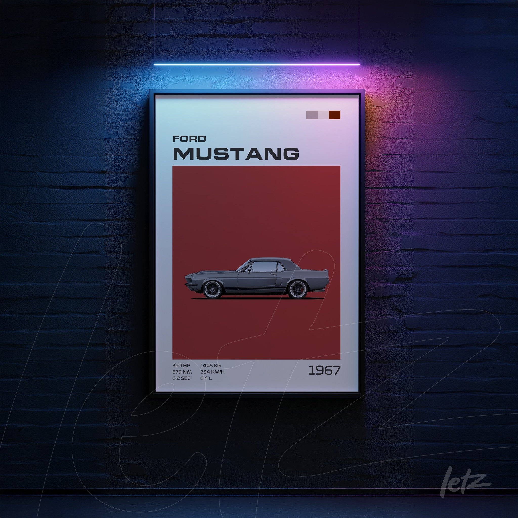 digital artwork of a 1967 Ford Mustang in a black frame against a red background