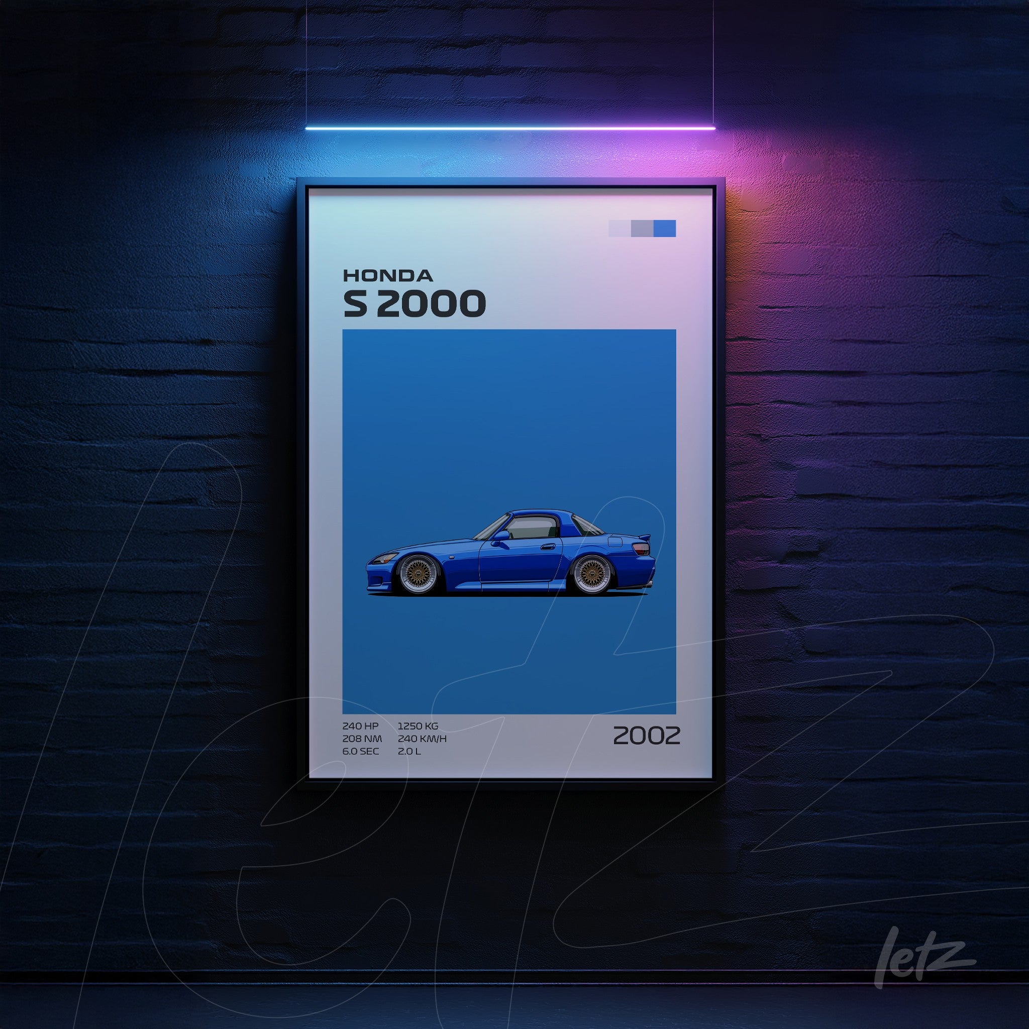 framed artwork featuring a graphic illustration of Honda S2000 car in vibrant blue against a light blue background