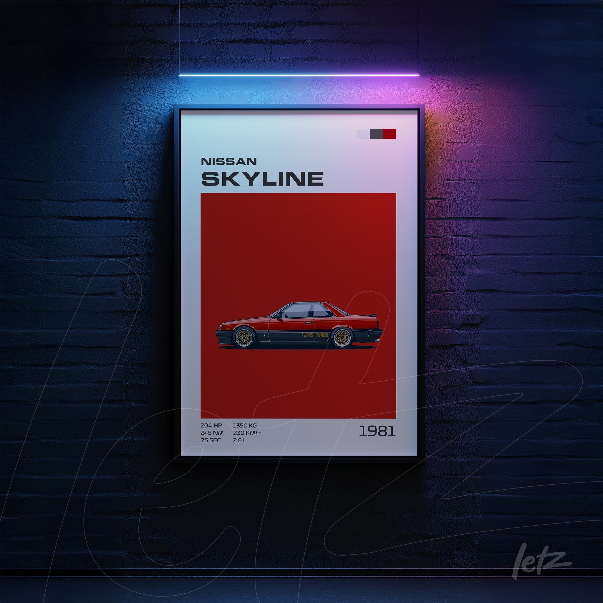 framed wall art of a Nissan Skyline on a red background with black frame