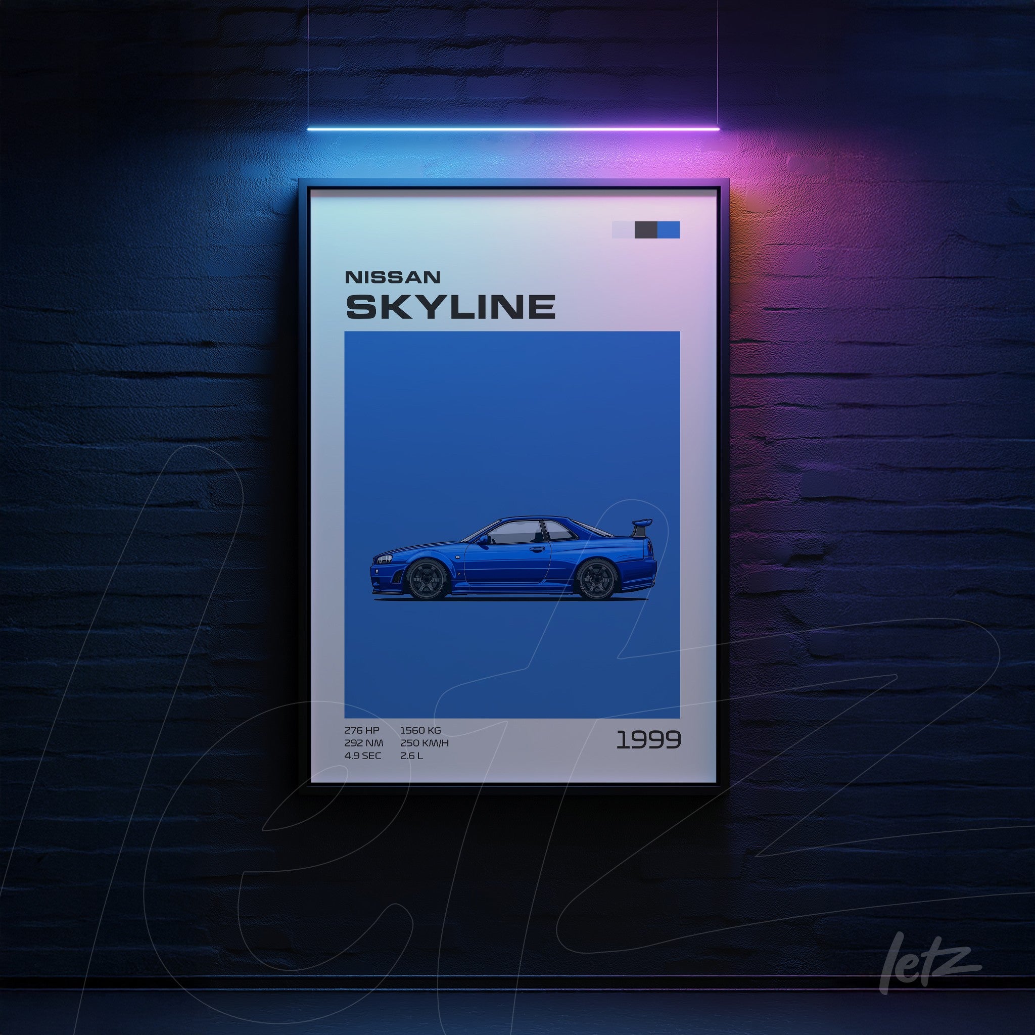 framed modern art print of the Nissan Skyline car with blue background and informational text