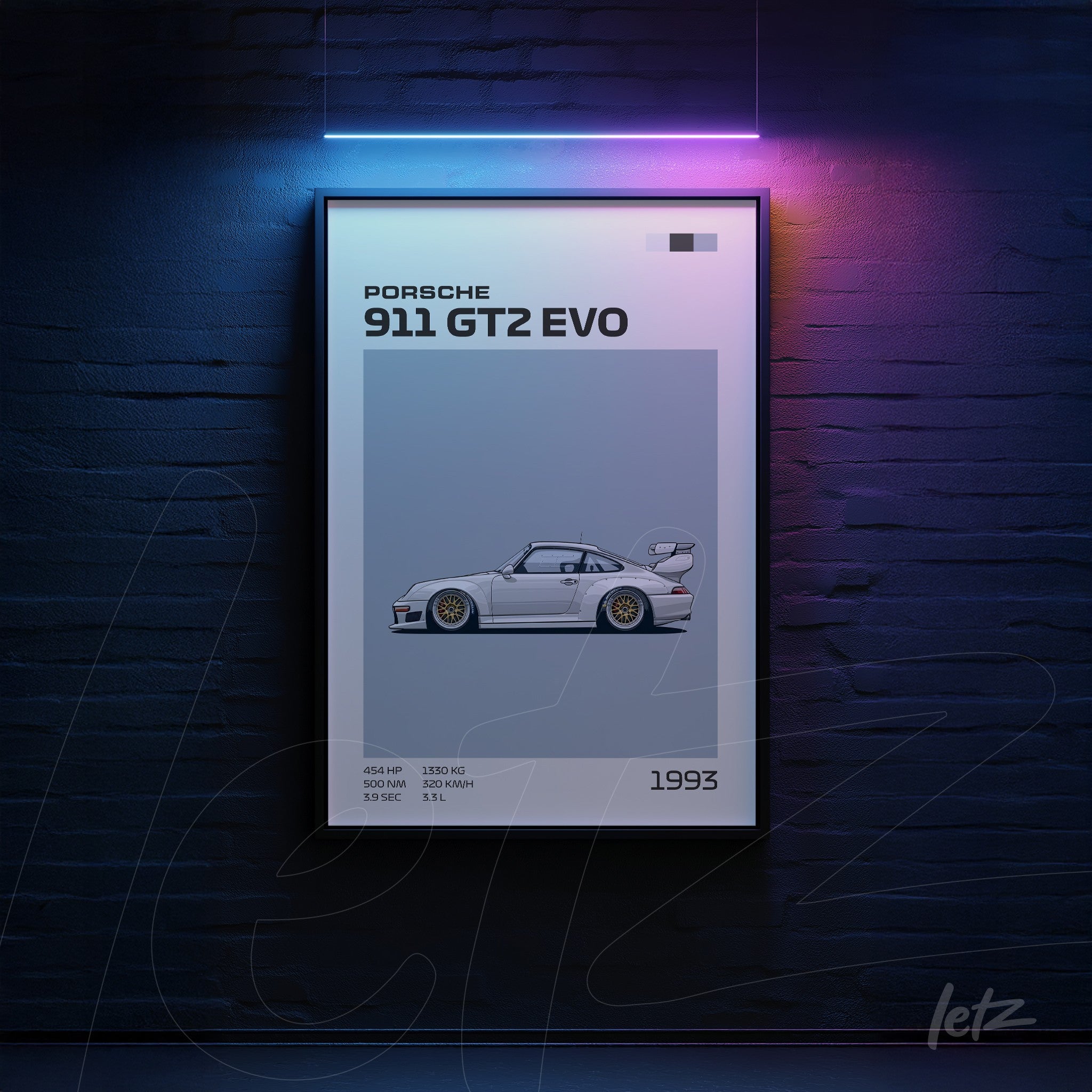 framed wall art featuring a detailed illustration of the Porsche 911 GT2 EVO on a light gray background
