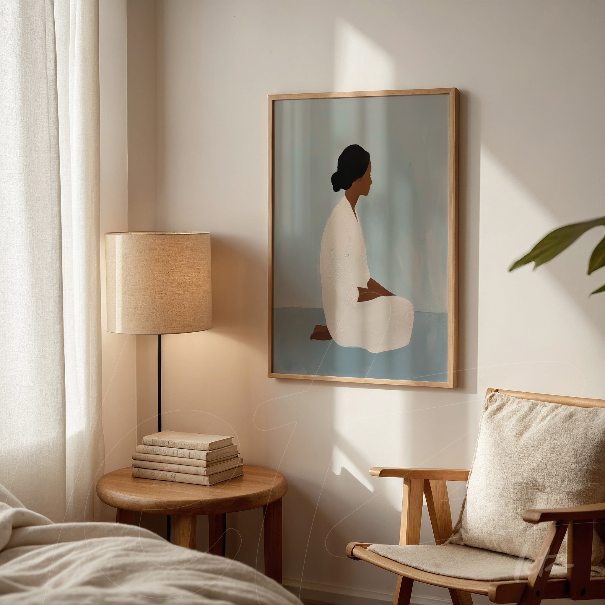 framed artwork of a seated female figure in profile against a soft blue background