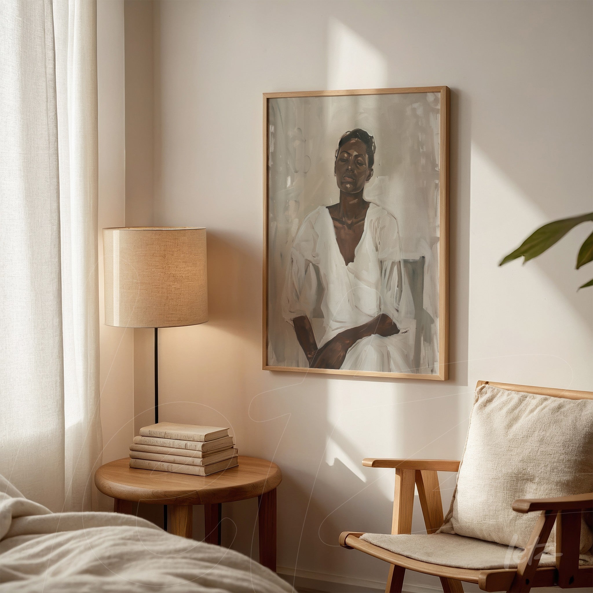 framed artwork depicting a seated woman in white attire, with a light wood frame, displayed in an indoor setting featuring a chair and lamp in the background