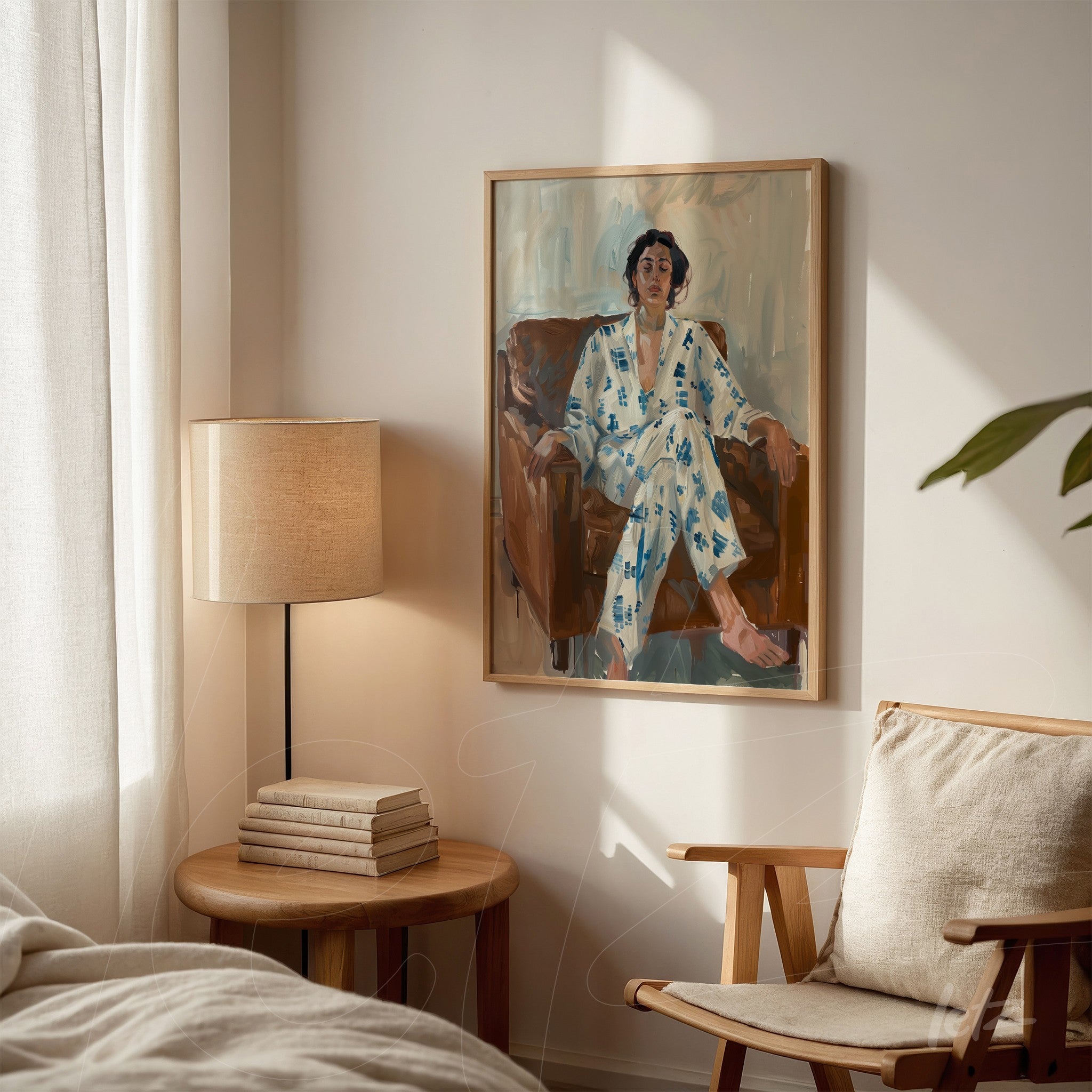 artwork featuring an expressive portrait of a man sitting on a sofa, wearing a blue floral robe, in a light wood frame displayed in a cozy interior
