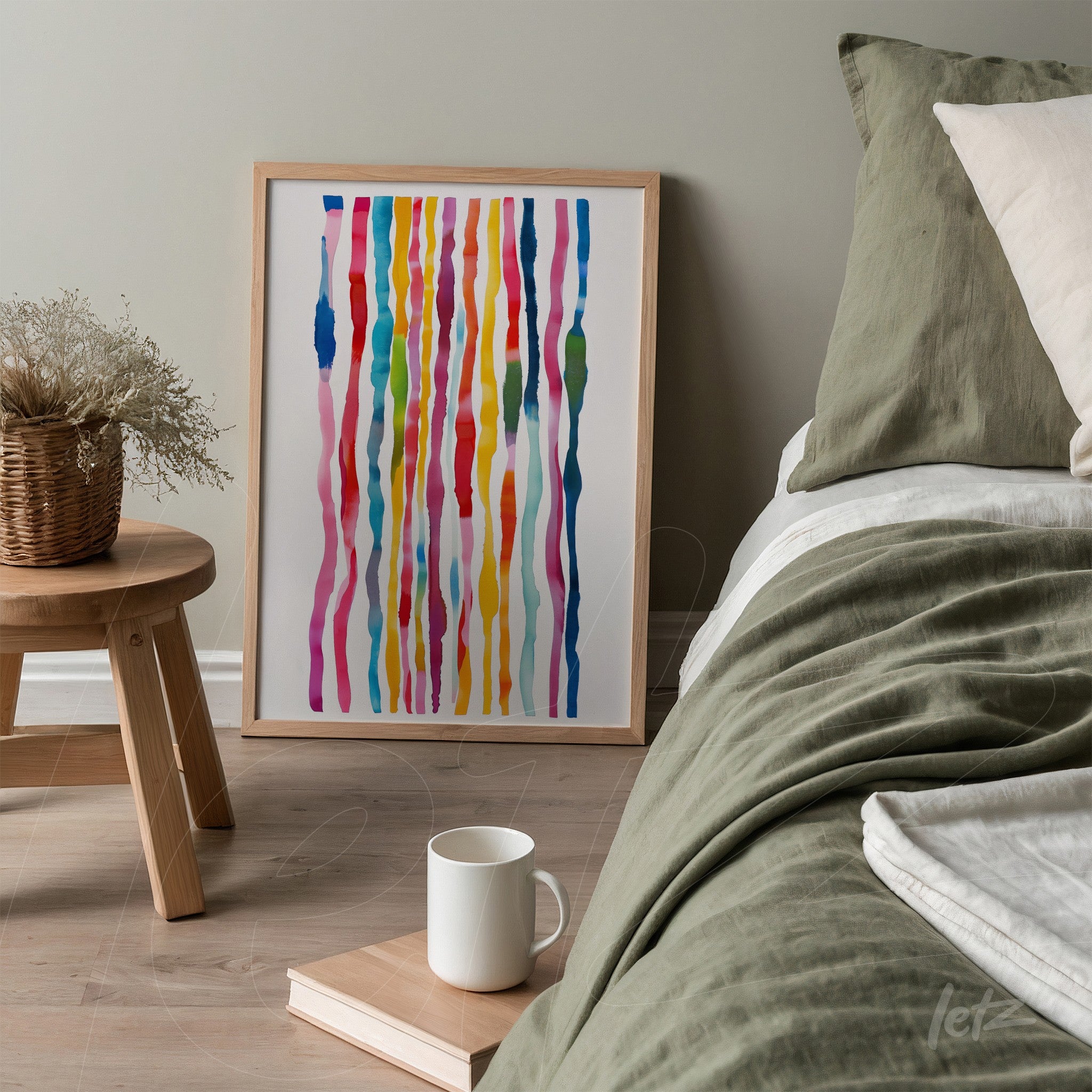 framed abstract art with vertical colorful lines in light wooden frame leaning beside a bed with neutral toned bedding