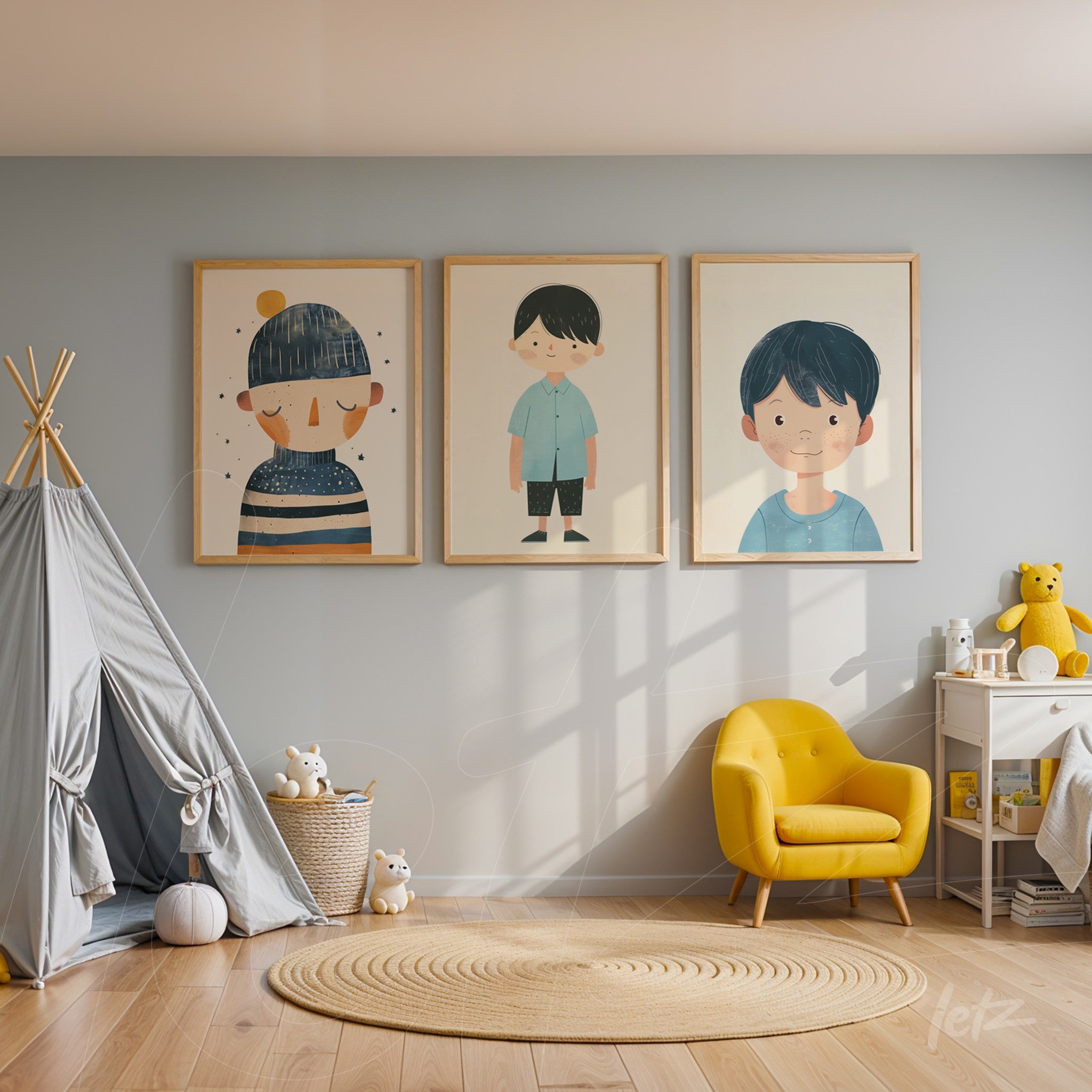 set of framed wall art featuring children's illustrations of boys in light wood frames displayed on a soft blue wall